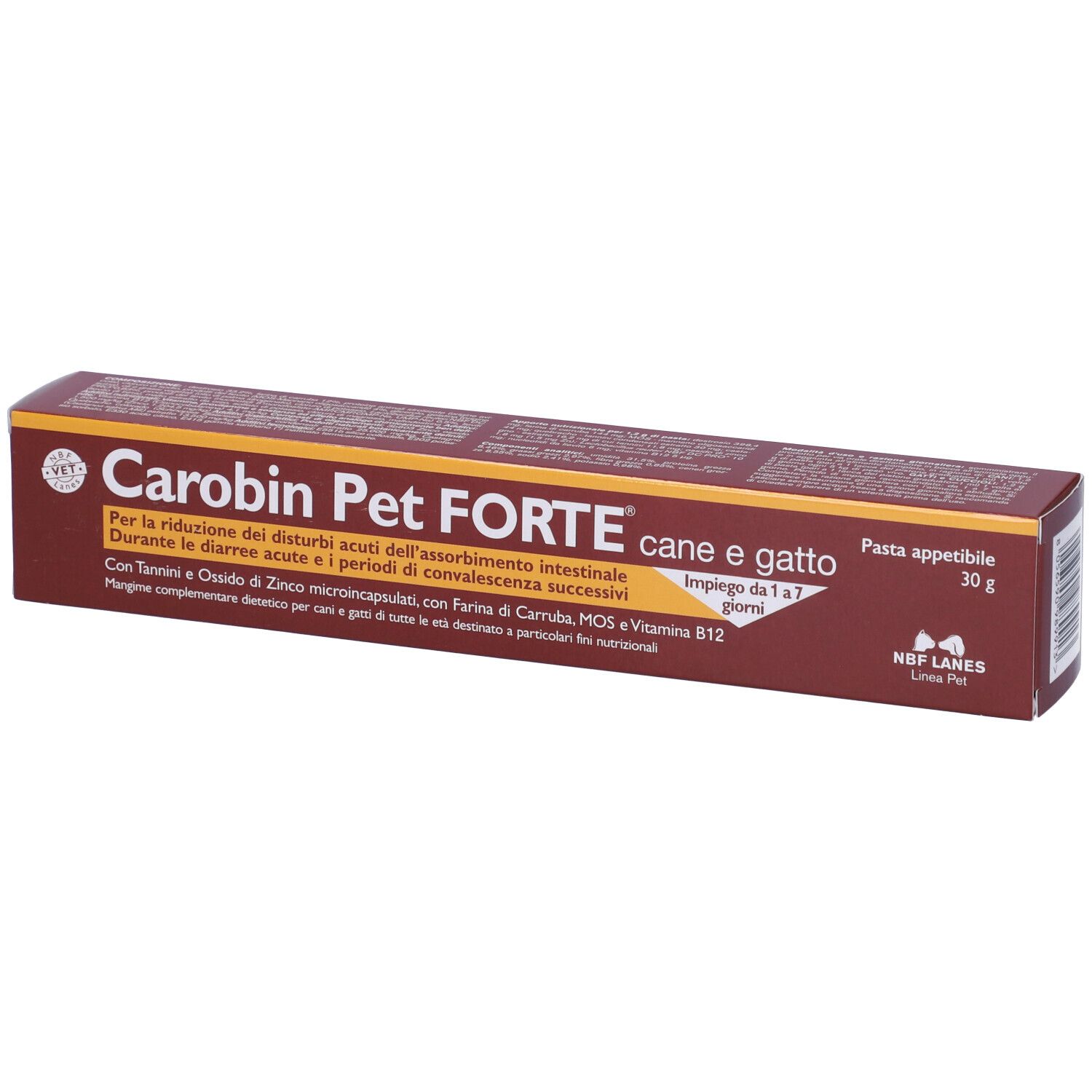 Carobin Pet Forte Pasta, confezione marrone. Nome e testo del prodotto sulla confezione. 30g. Per cani e gatti.