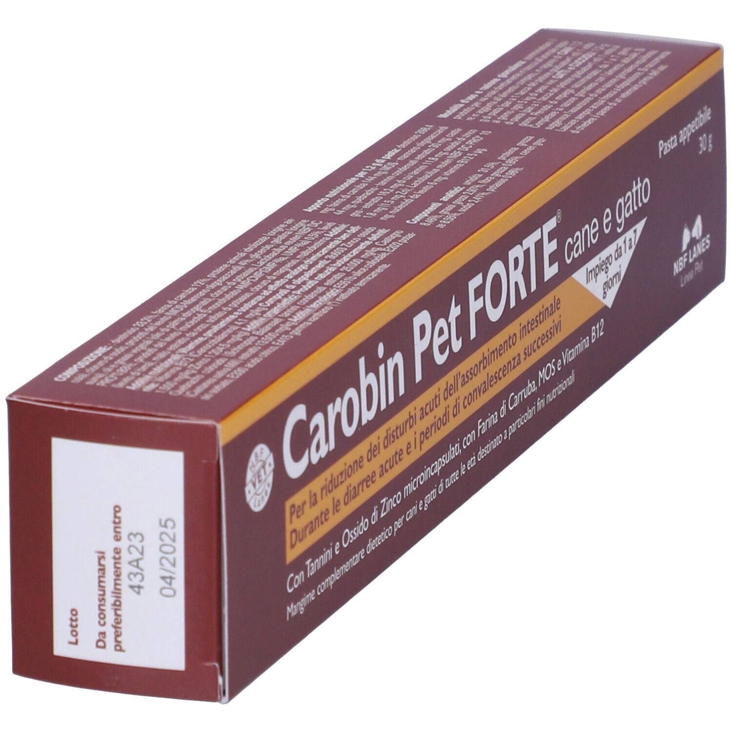 Carobin Pet Forte Pasta, confezione marrone. Nome e testo del prodotto sulla confezione. 30g. Per cani e gatti. Data di scadenza.