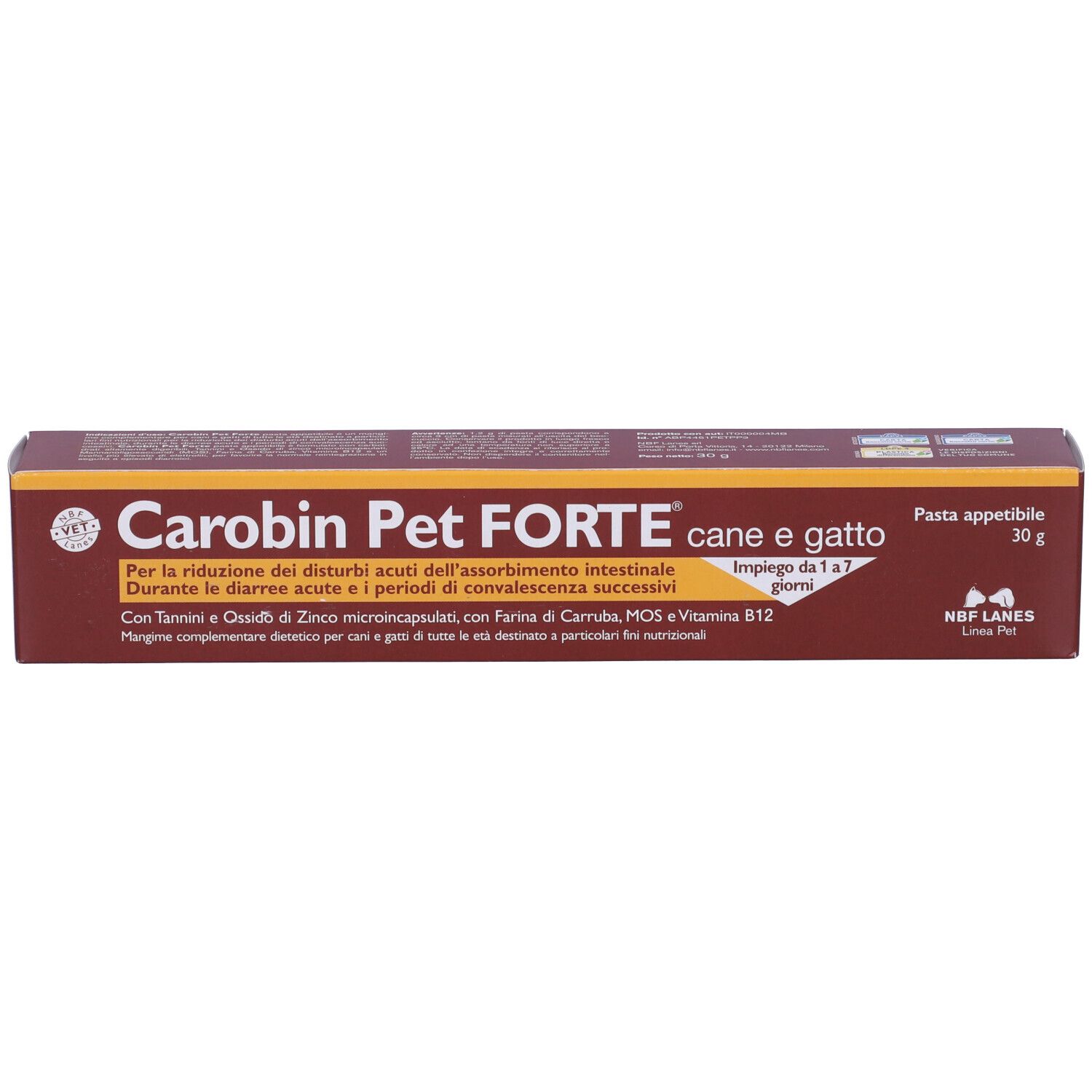 Carobin Pet Forte Pasta, confezione marrone. Nome e testo del prodotto sulla confezione. 30g. Per cani e gatti.