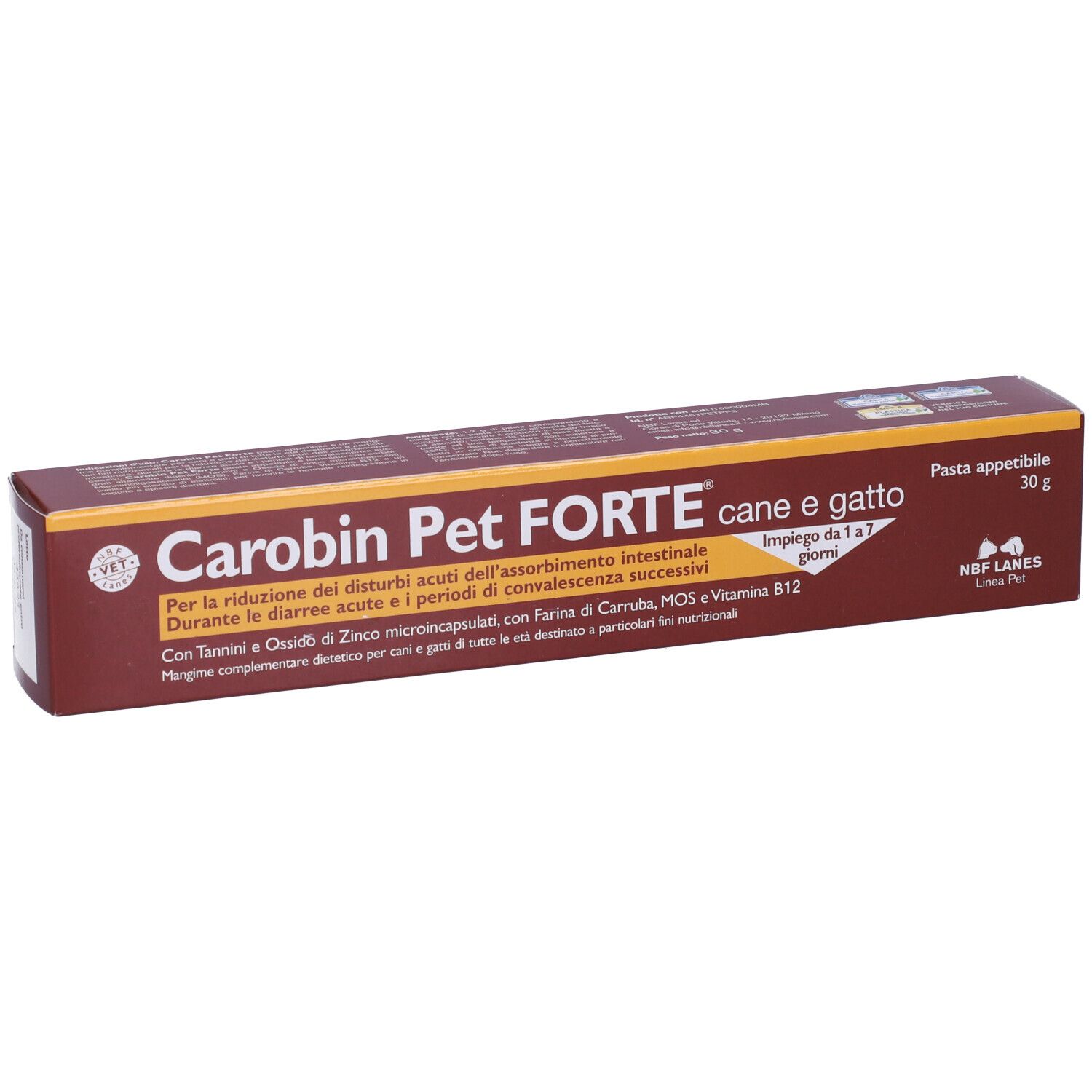 Carobin Pet Forte Pasta, confezione marrone. Nome e testo del prodotto sulla confezione. 30g. Per cani e gatti.