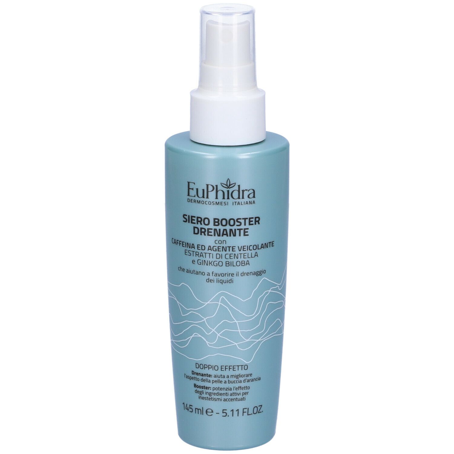 Flacone azzurro con vaporizzatore. Scritta: Euphidra, Siero Booster Drenante. Contiene caffeina ed estratto di Centella.