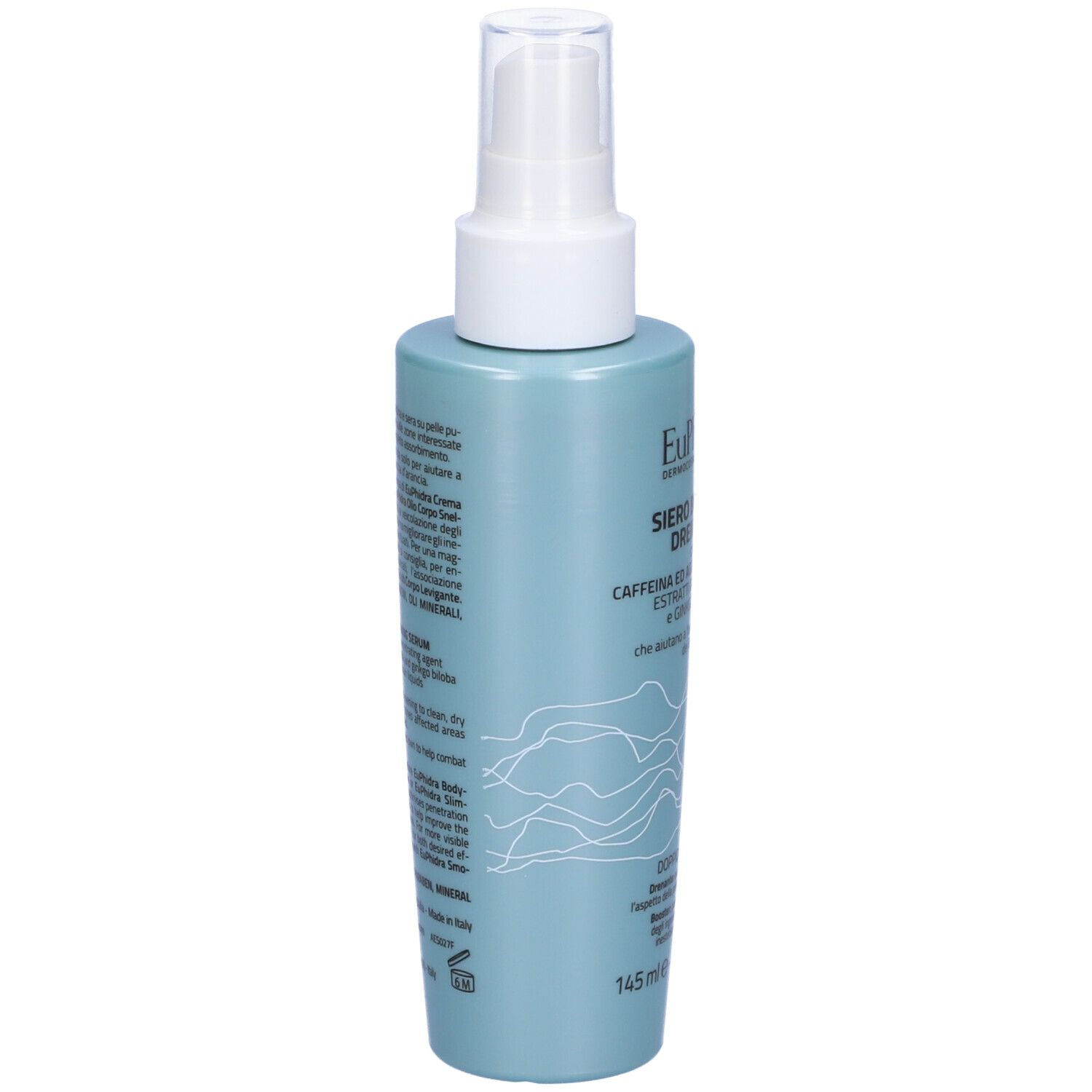 Flacone azzurro con vaporizzatore. Retro con testo. Contiene caffeina ed estratto di Centella. Marchio Euphidra.