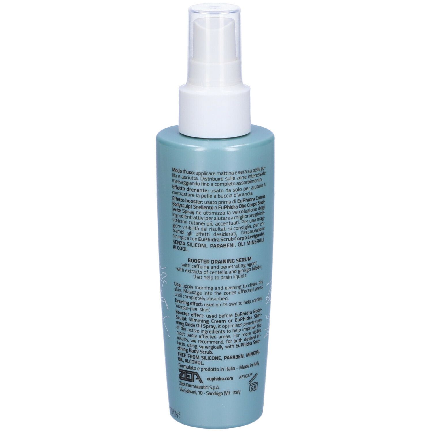 Flacone azzurro con vaporizzatore. Retro con testo. Contiene caffeina ed estratto di Centella. Marchio Euphidra.