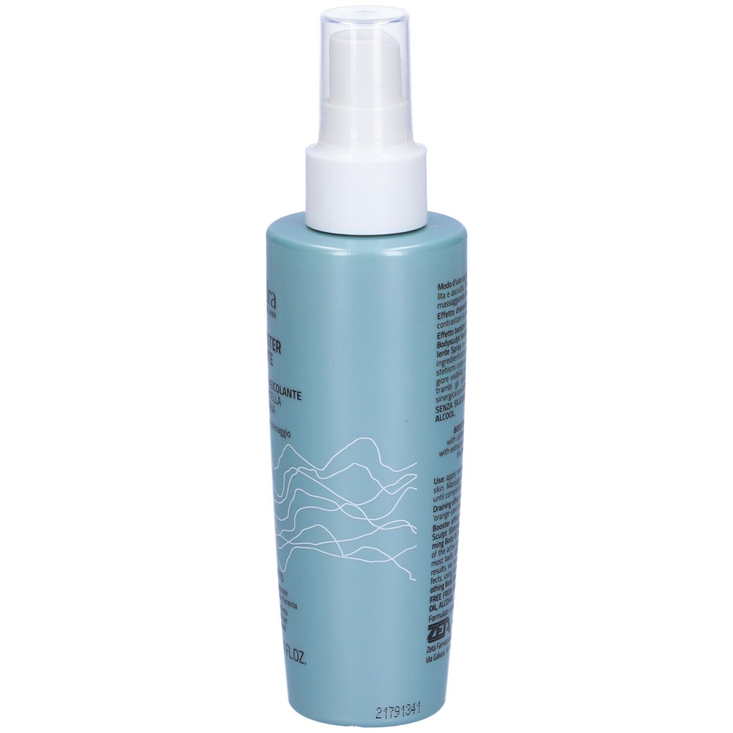 Flacone azzurro con vaporizzatore. Retro con testo. Contiene caffeina ed estratto di Centella. Marchio Euphidra.