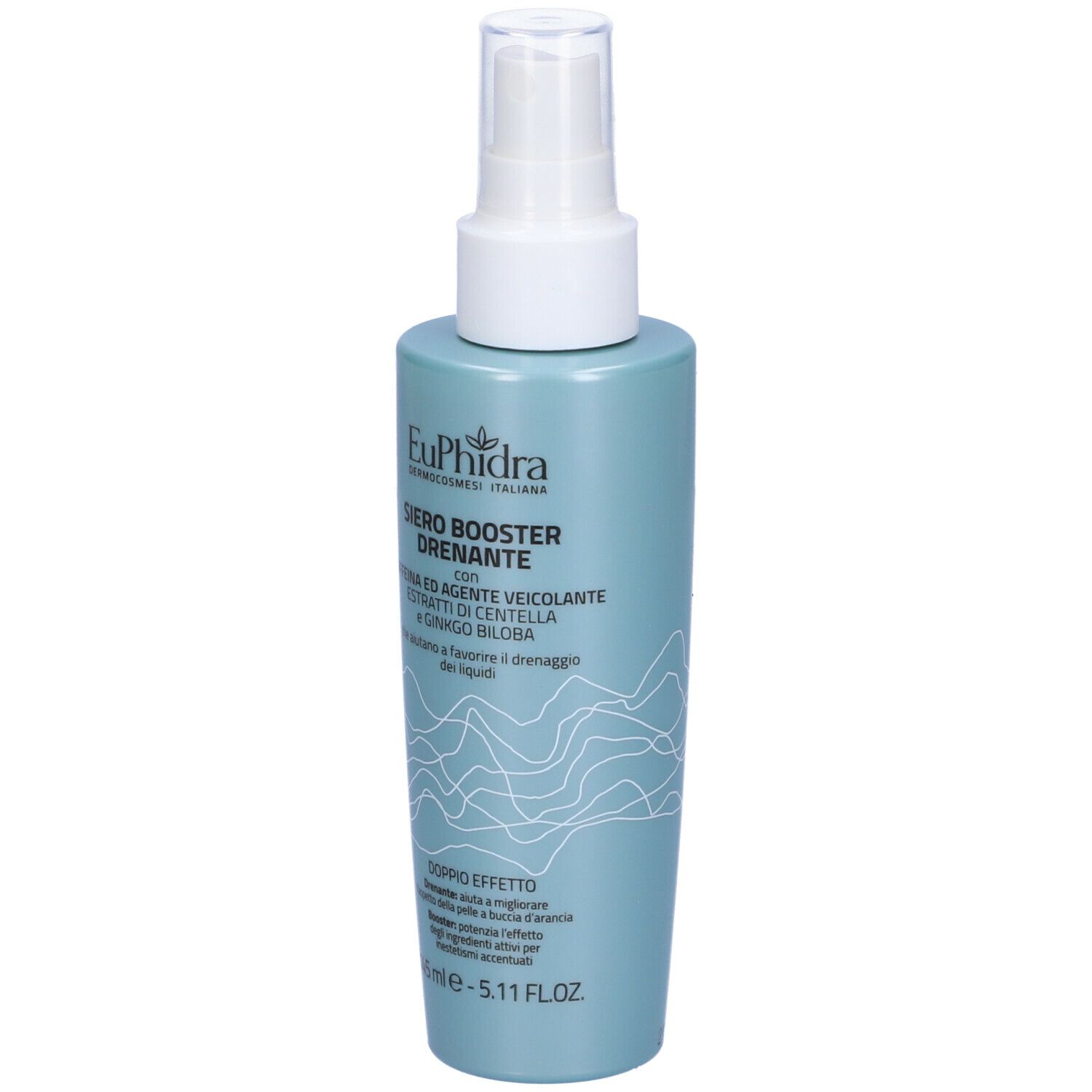 Flacone azzurro con vaporizzatore. Scritta: Euphidra, Siero Booster Drenante. Contiene caffeina ed estratto di Centella.
