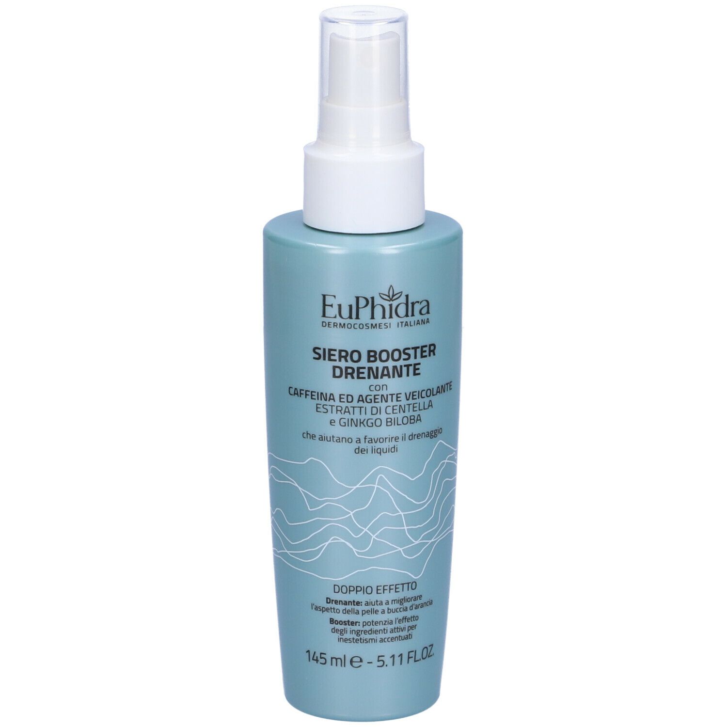 Flacone azzurro con vaporizzatore. Scritta: Euphidra, Siero Booster Drenante. Contiene caffeina ed estratto di Centella.