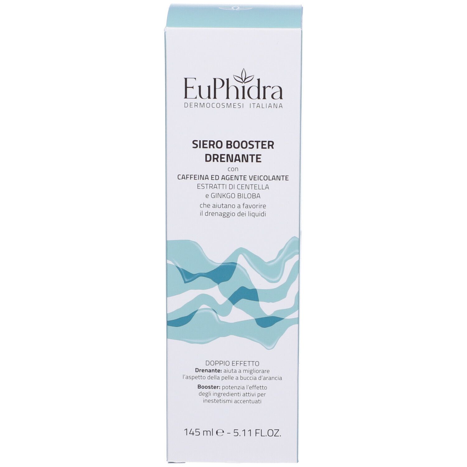 Confezione del prodotto. Scritta: Euphidra, Siero Booster Drenante. Contiene caffeina ed estratto di Centella.