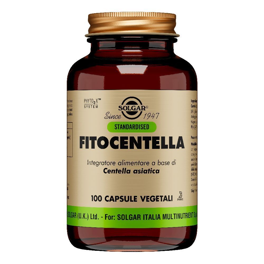 Flacone di vetro marrone con tappo dorato. Etichetta con nome del prodotto e testo. 100 capsule.