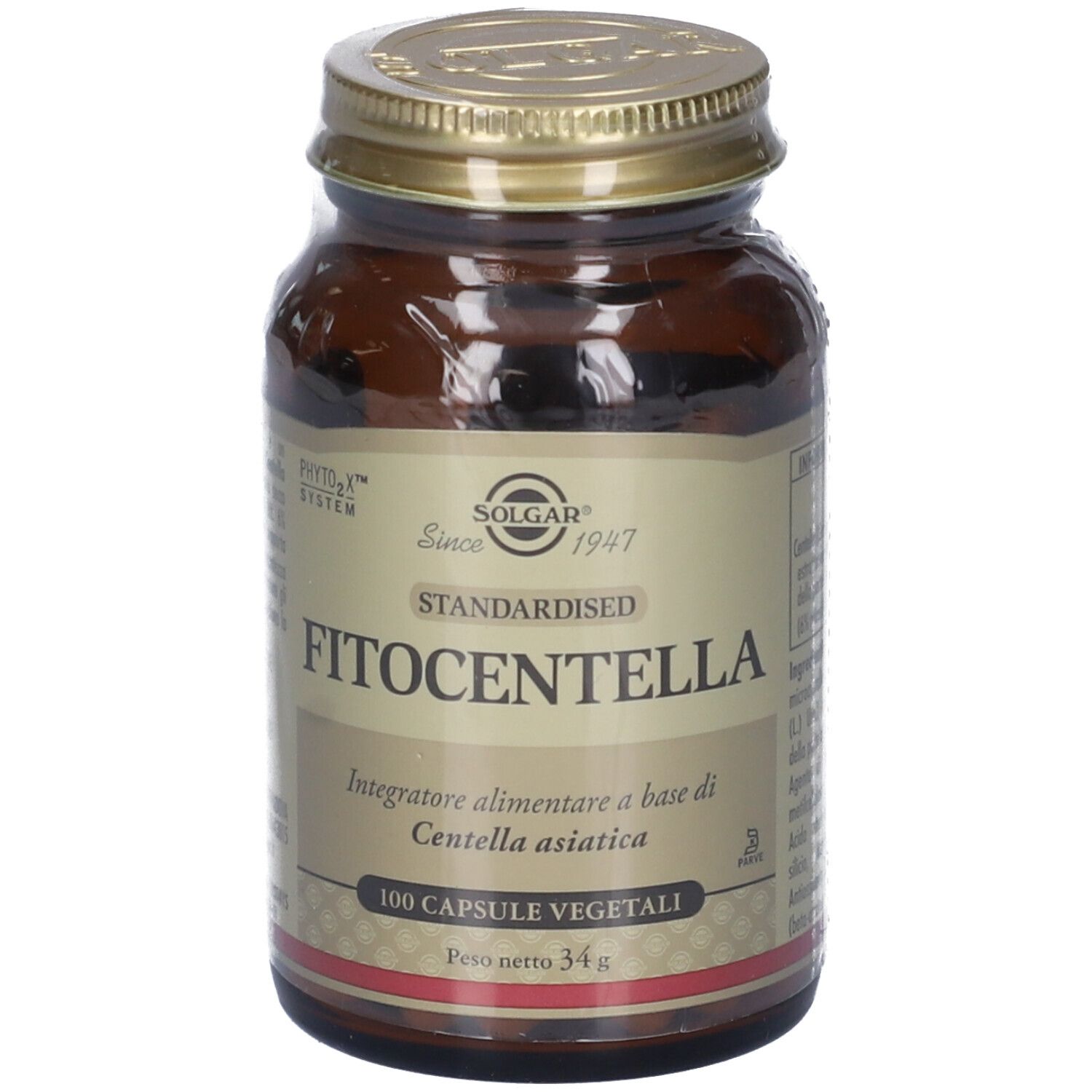 Flacone di vetro marrone con tappo dorato. Etichetta con nome del prodotto e testo. 100 capsule.