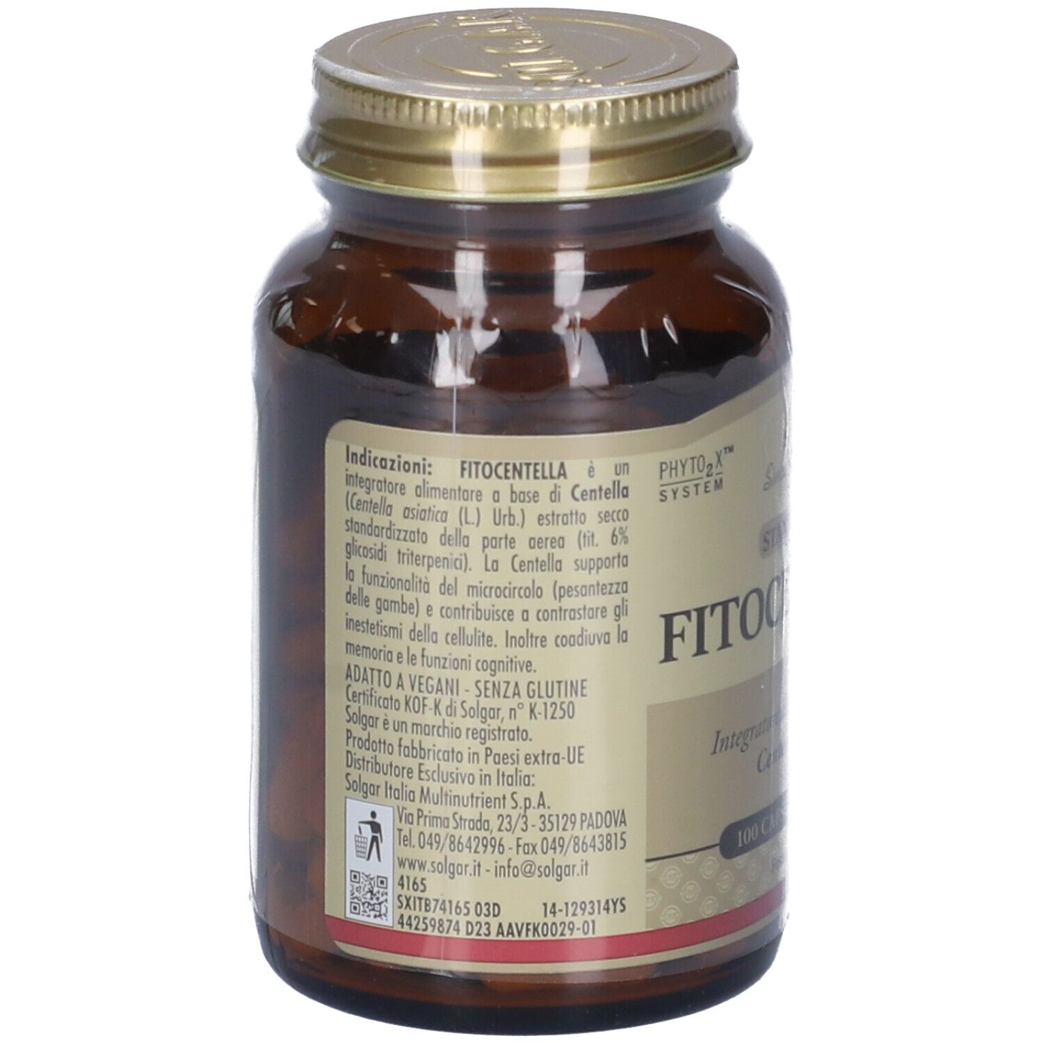 Retro del flacone di vetro marrone con tappo dorato. Etichetta con testo. Certificazione vegana.