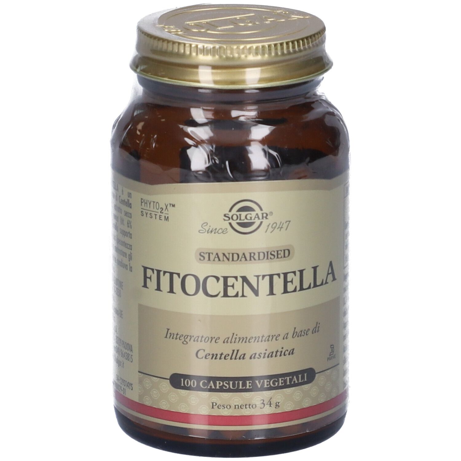 Flacone di vetro marrone con tappo dorato. Etichetta con nome del prodotto e testo. 100 capsule.
