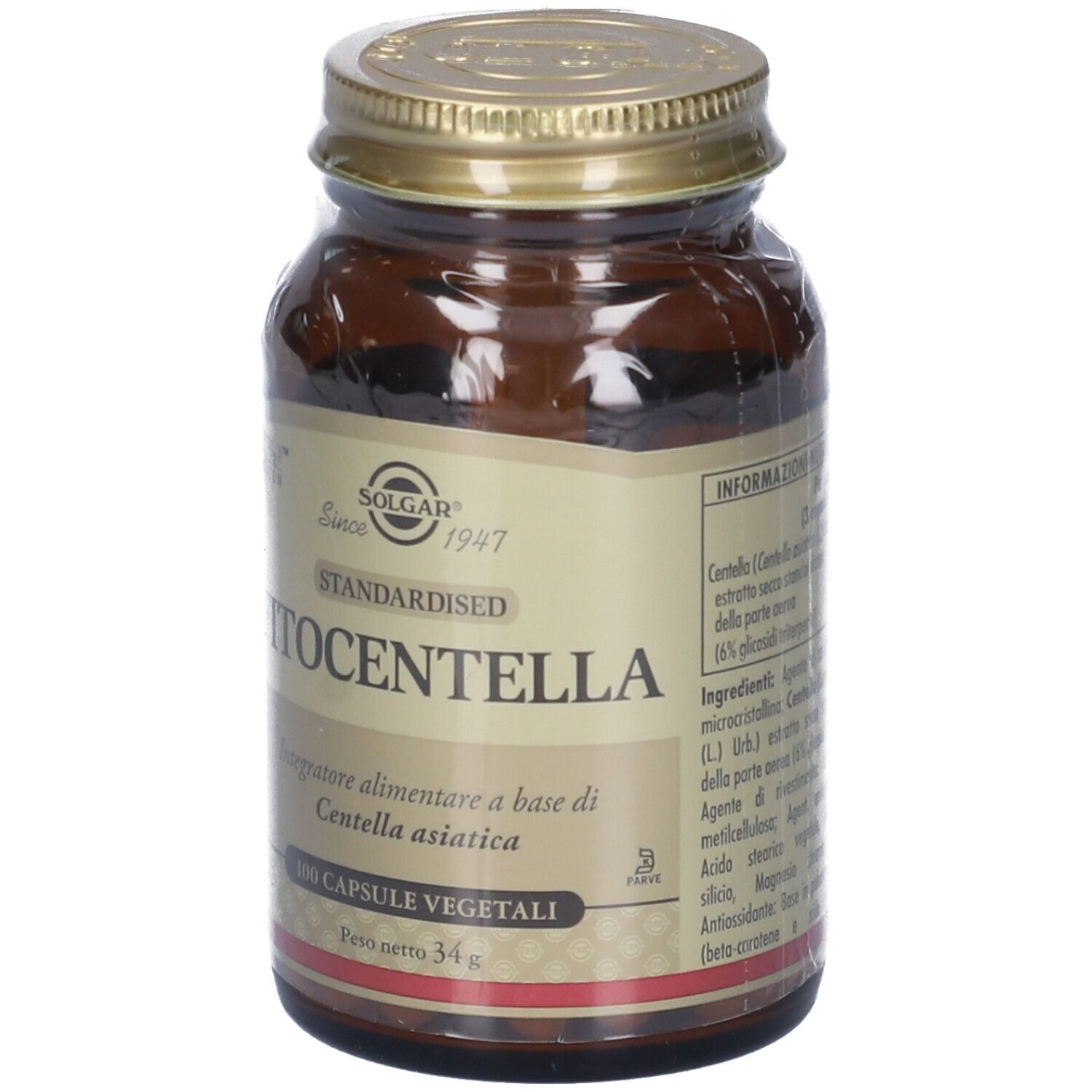 Flacone di vetro marrone con tappo dorato. Etichetta con nome del prodotto e testo. 100 capsule.