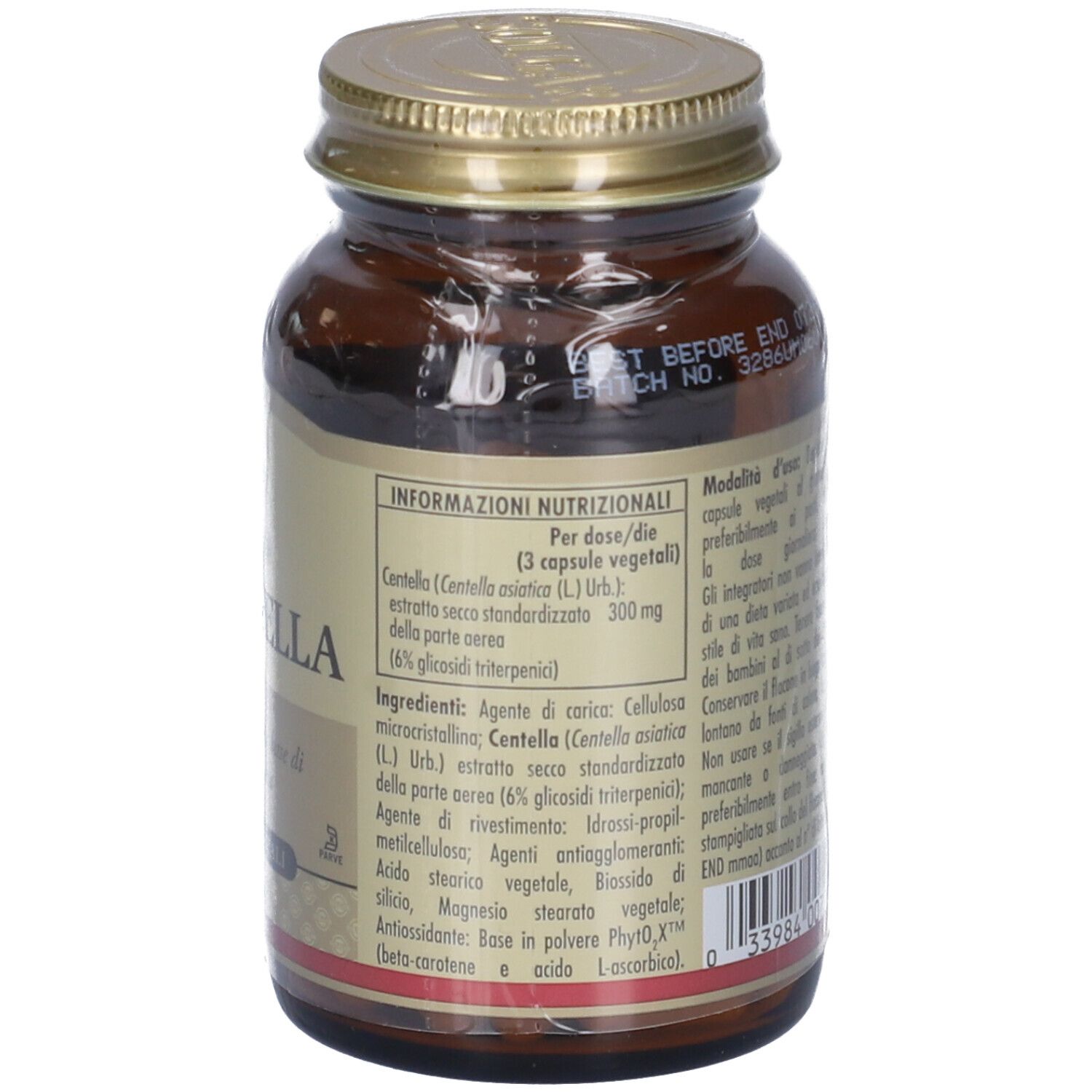 Retro del flacone di vetro marrone con tappo dorato. Etichetta con informazioni nutrizionali e testo.
