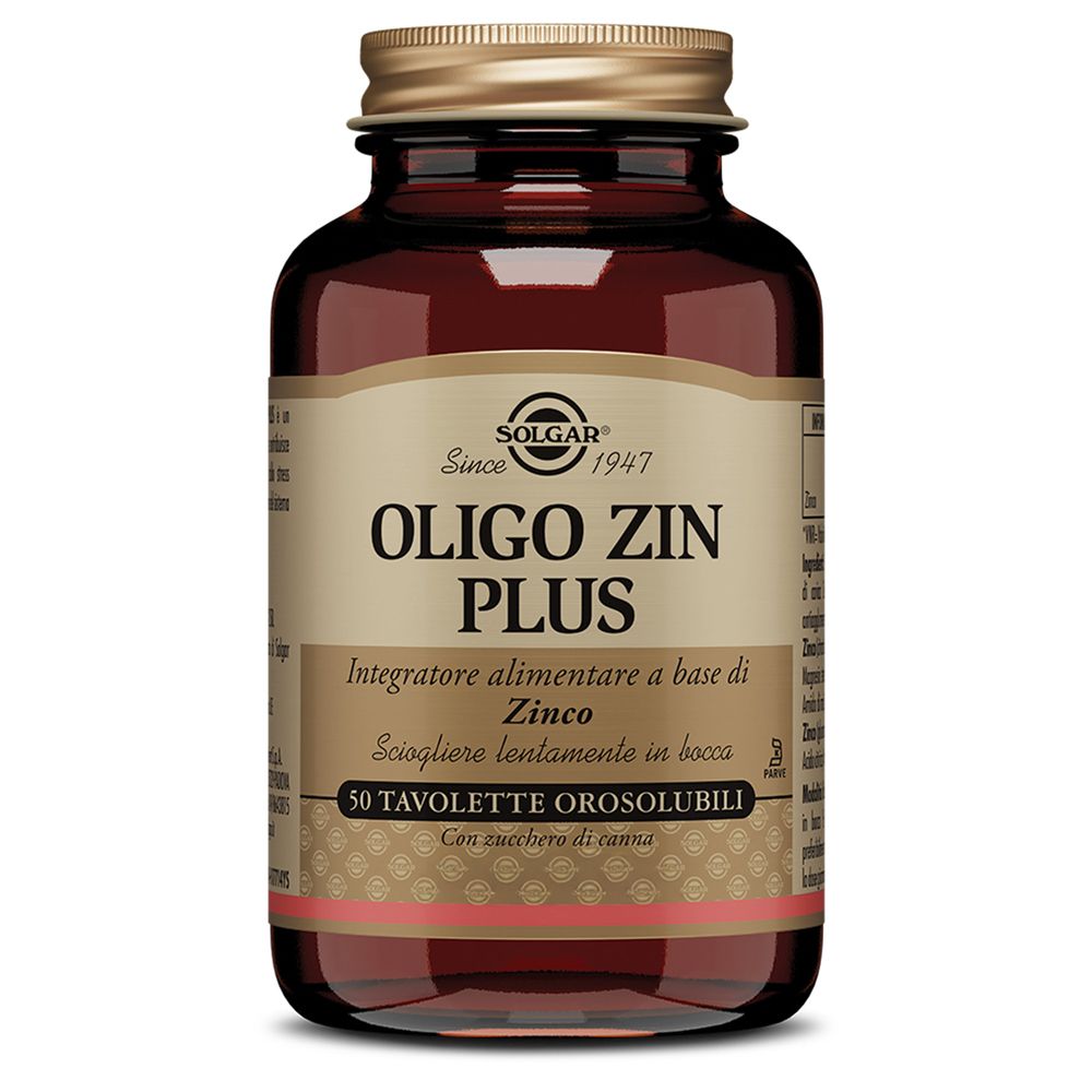 Flacone di vetro marrone con tappo dorato. Etichetta con scritta SOLGAR® Oligo Zin Plus e altre informazioni.