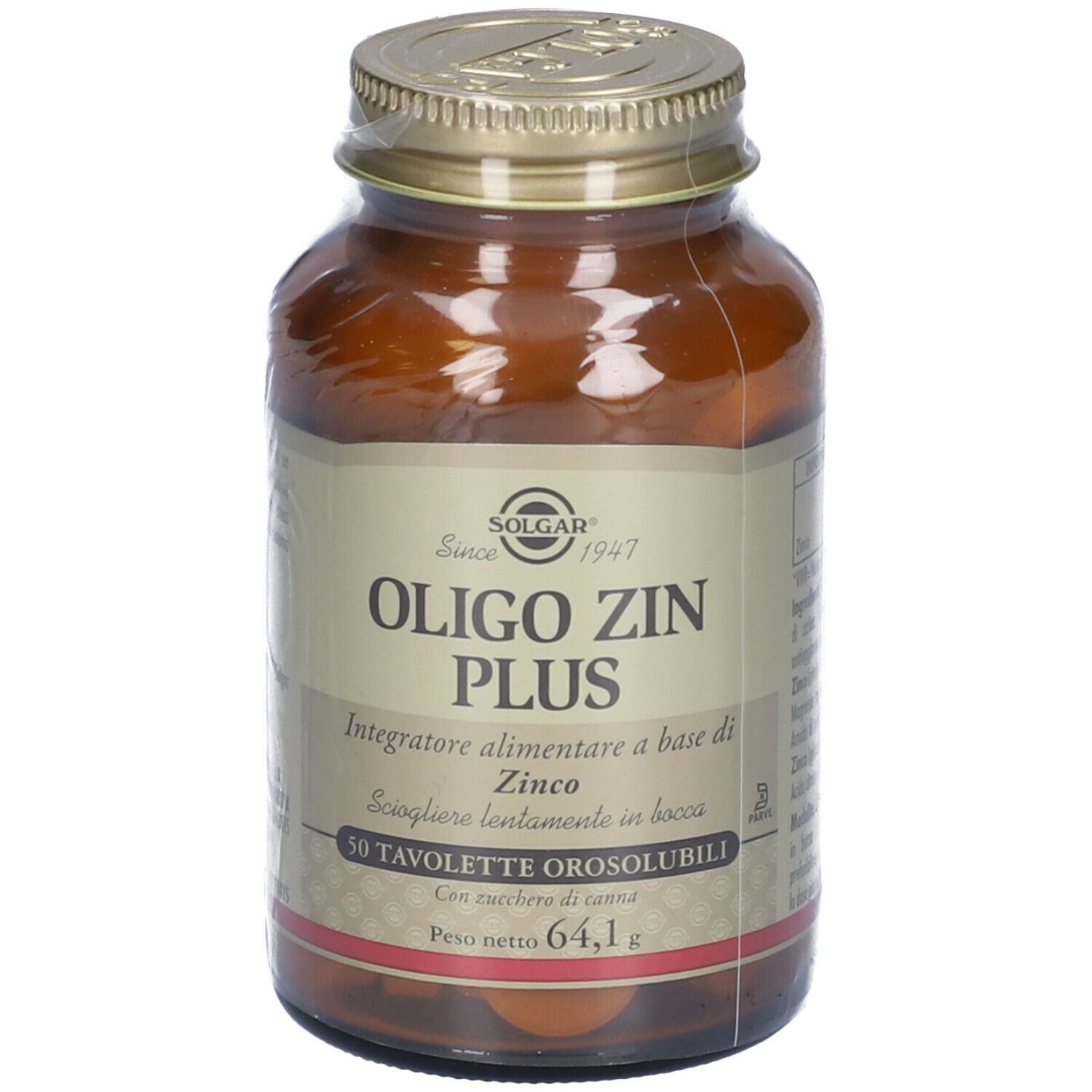 Flacone vetro marrone con tappo dorato. Etichetta SOLGAR® Oligo Zin Plus, 50 compresse, peso netto 64,1 g.