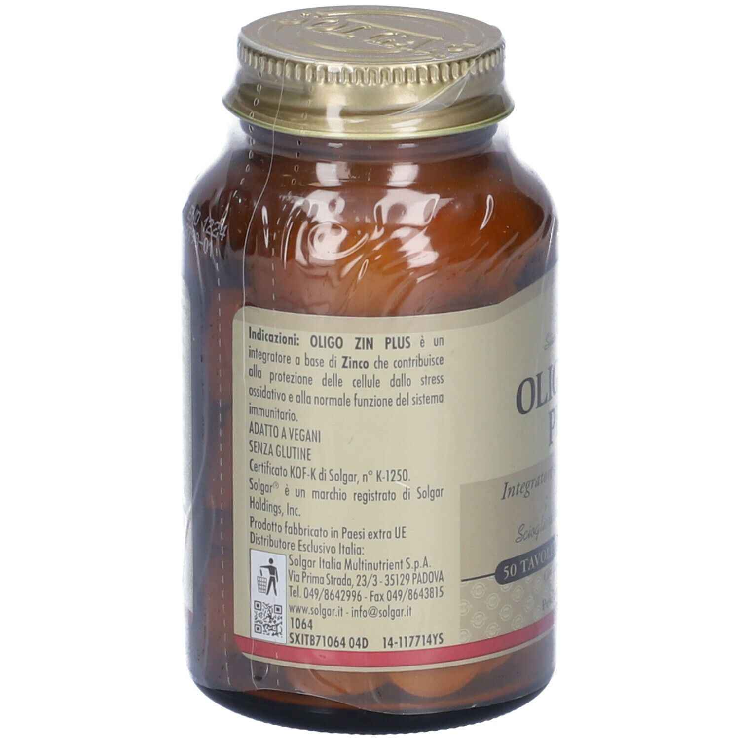 Retro del flacone di vetro marrone. Etichetta con informazioni su Oligo Zin Plus, ingredienti e produttore.