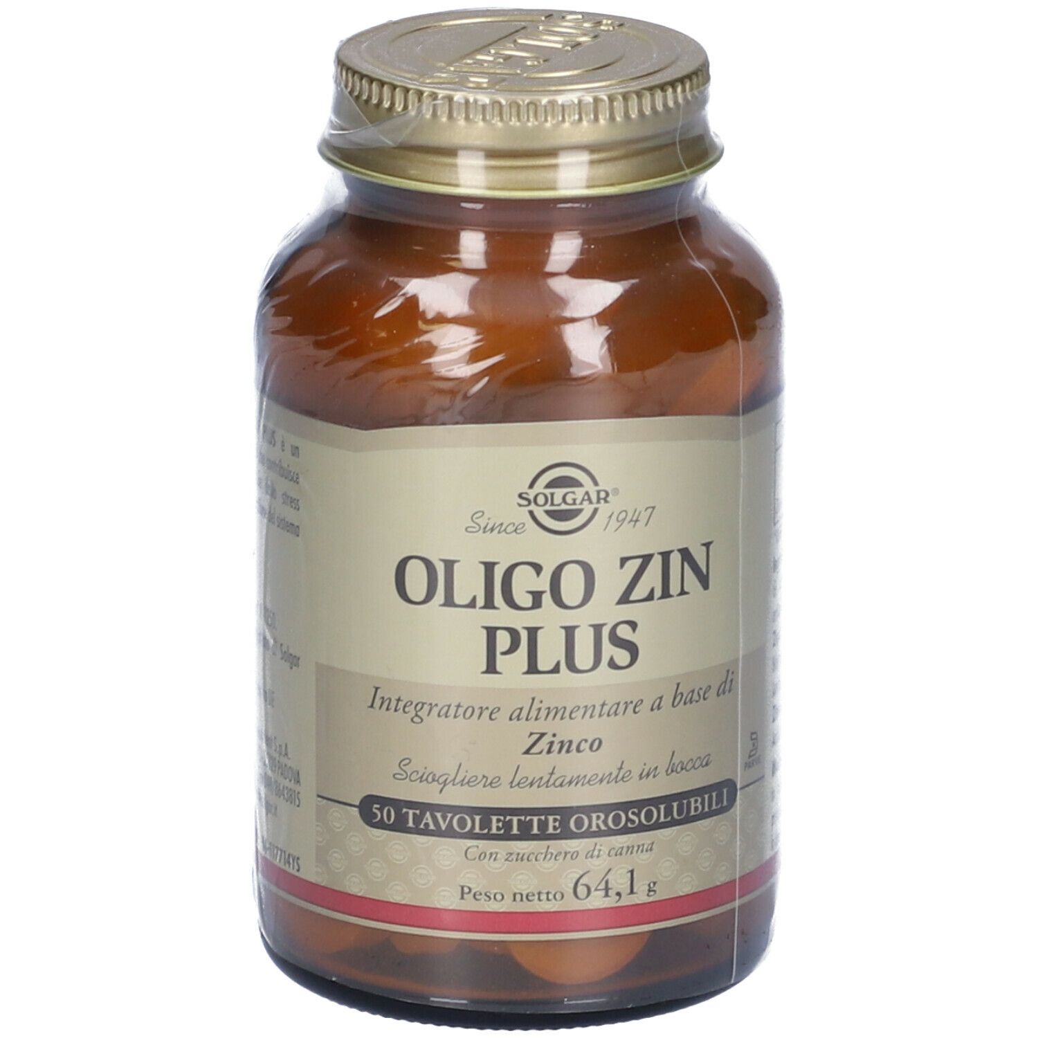 Flacone vetro marrone con tappo dorato. Etichetta SOLGAR® Oligo Zin Plus, 50 compresse, peso netto 64,1 g.