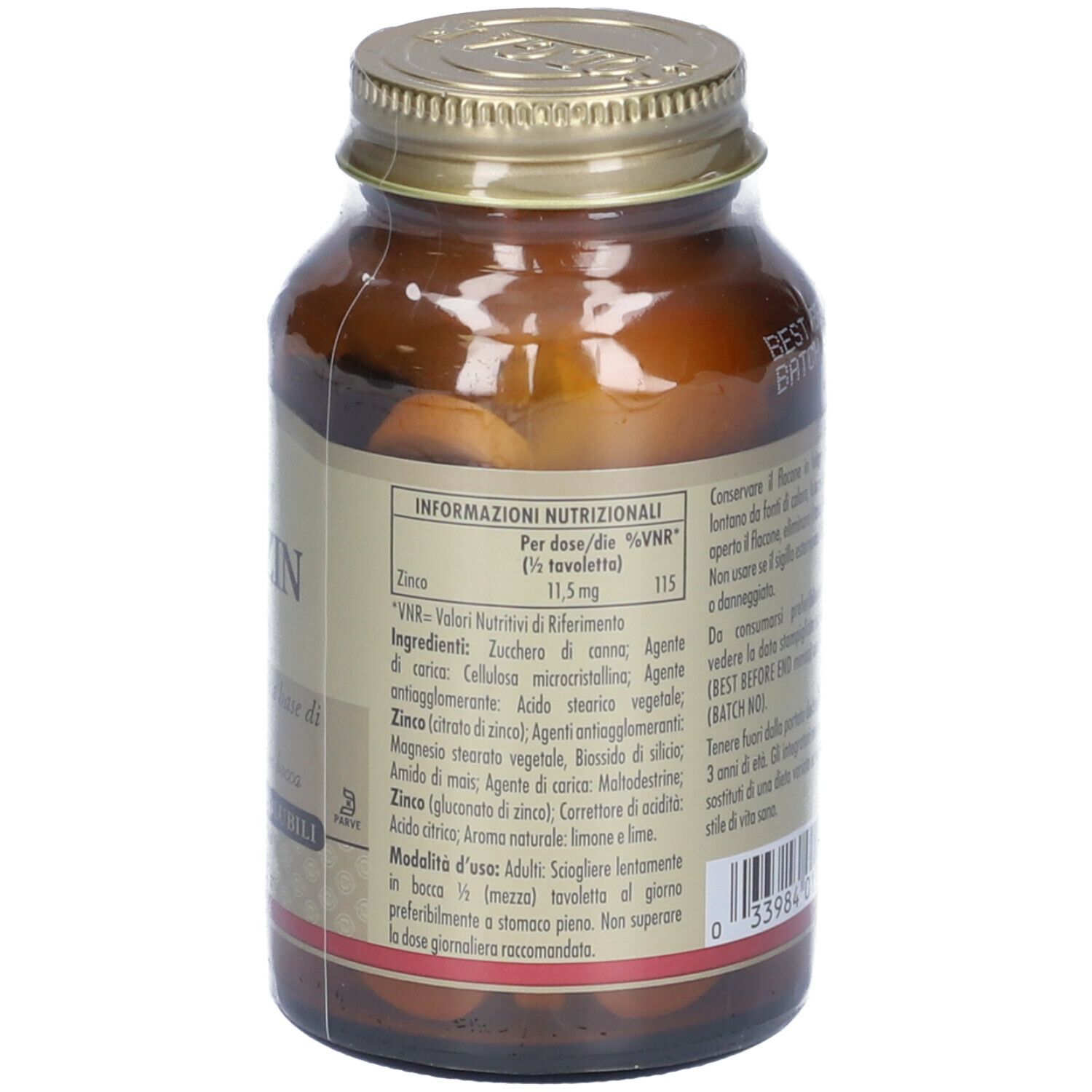 Retro del flacone di vetro marrone. Etichetta con informazioni nutrizionali e altre informazioni.