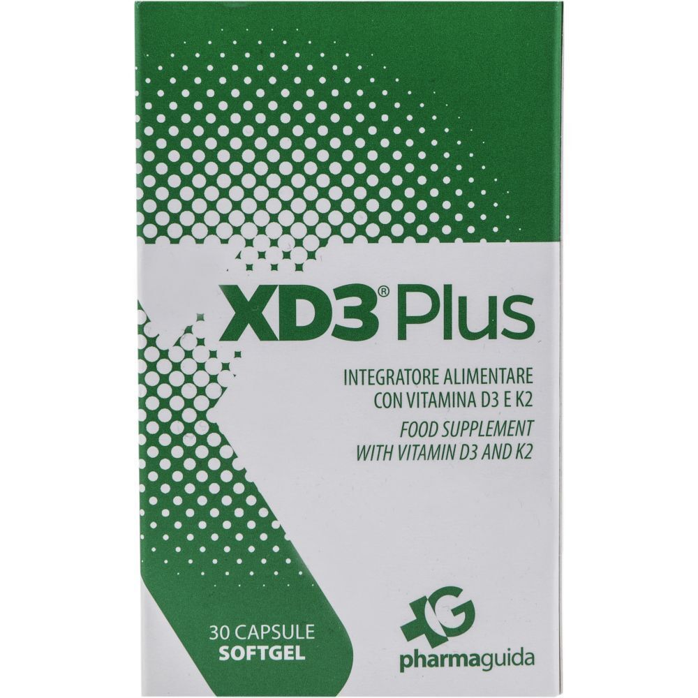 Scatola di XD3 Plus, integratore alimentare con vitamina D3 e K2. 30 capsule softgel. Marchio Pharmaguida.