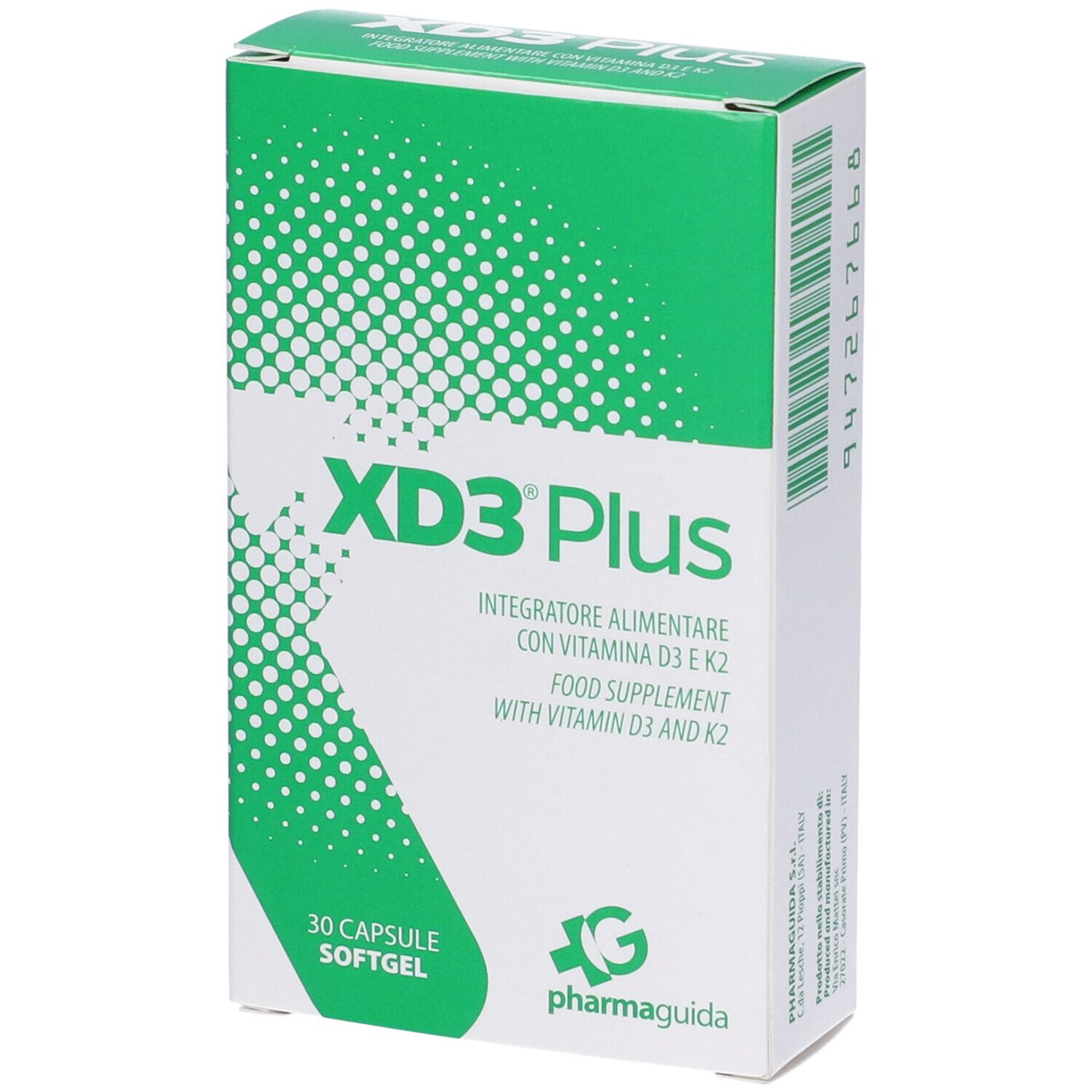 Scatola di XD3 Plus, integratore alimentare con vitamina D3 e K2. 30 capsule softgel. Marchio Pharmaguida.