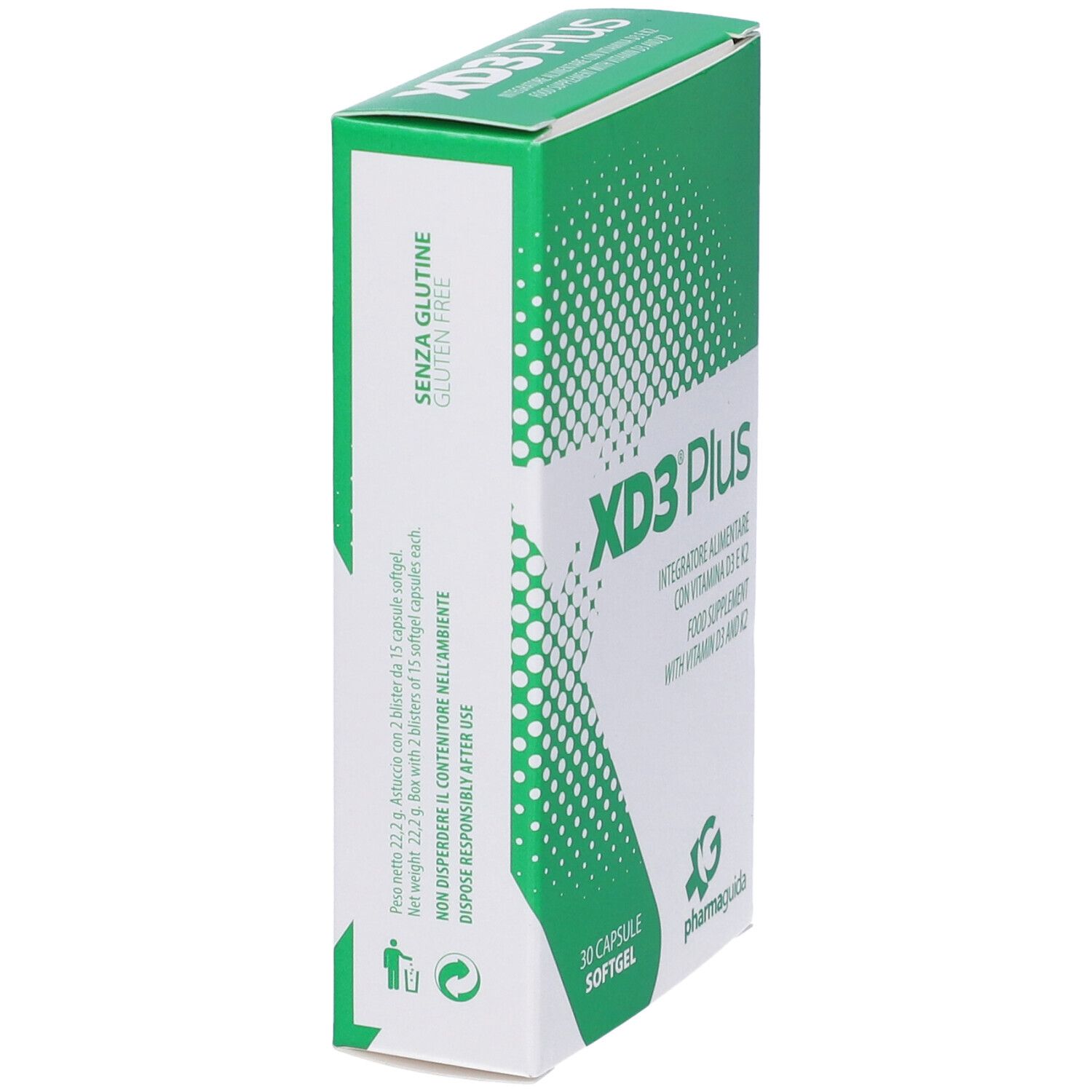 Vista laterale della scatola XD3 Plus. Contiene 30 capsule softgel. Senza glutine. Marchio Pharmaguida.