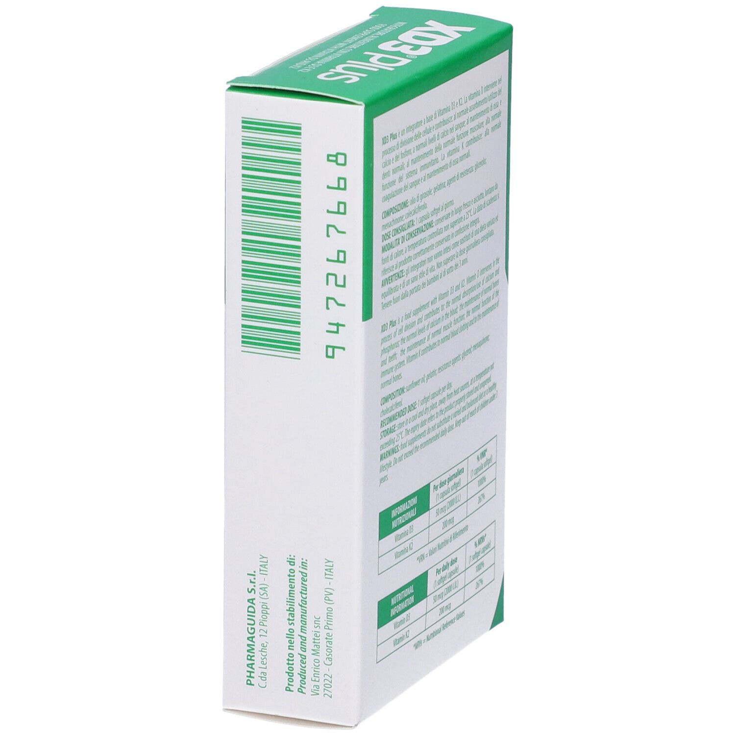 Vista laterale della scatola XD3 Plus con codice a barre e informazioni del produttore. Marchio Pharmaguida.