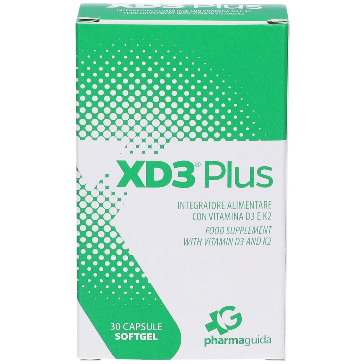 Scatola di XD3 Plus, integratore alimentare con vitamina D3 e K2. 30 capsule softgel. Marchio Pharmaguida.