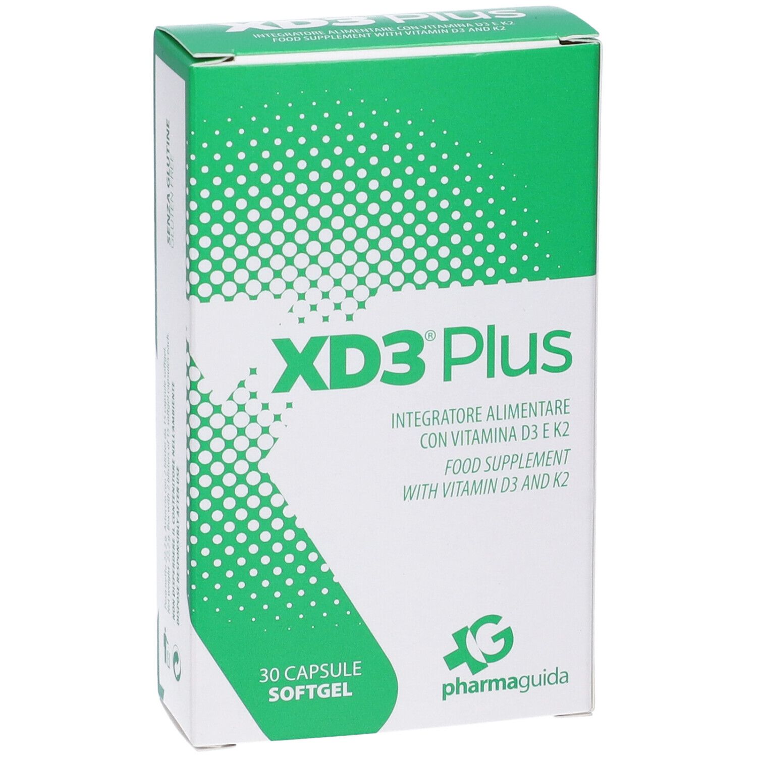Scatola di XD3 Plus, integratore alimentare con vitamina D3 e K2. 30 capsule softgel. Marchio Pharmaguida.