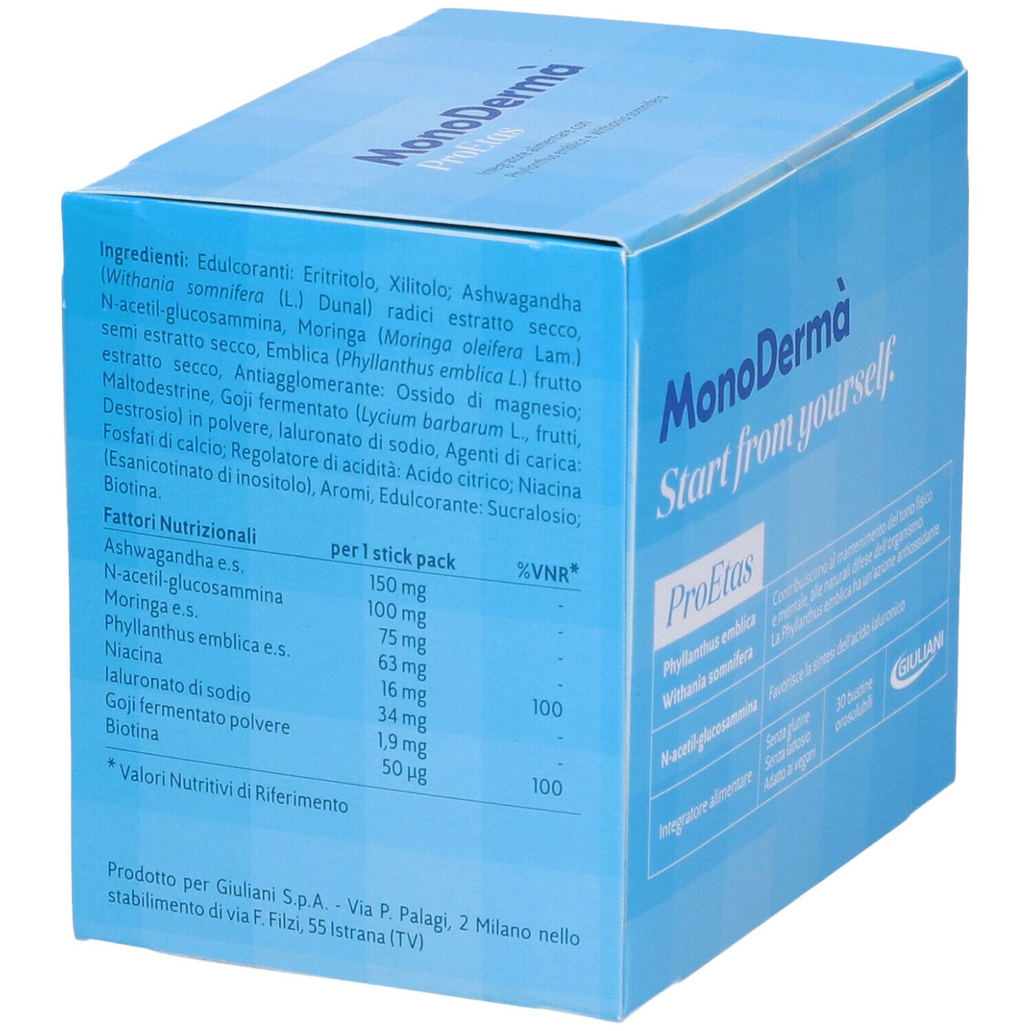 Boîte bleue avec ingrédients et informations nutritionnelles. Marque MonoDermà. Contient Ashwagandha, N-acétylglucosamine.