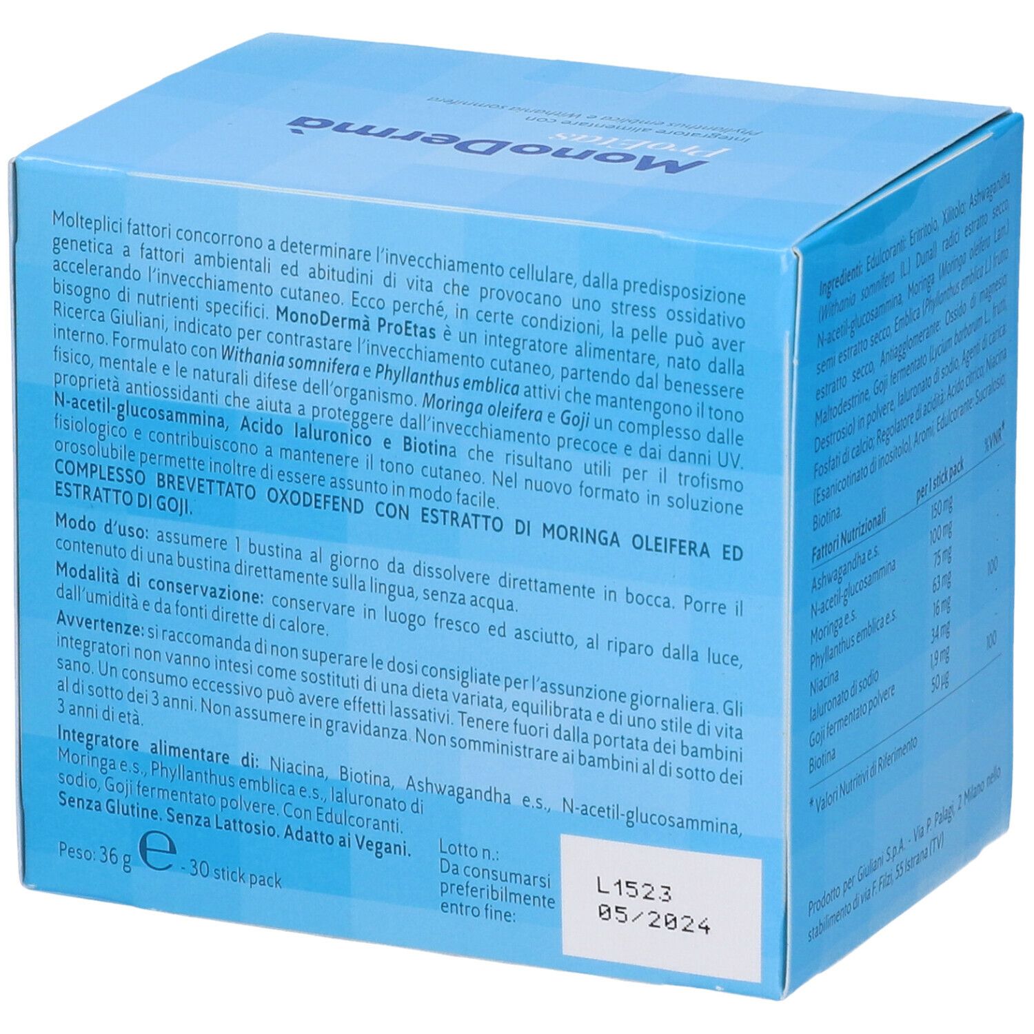 Boîte bleue avec texte. Marque MonoDermà. Informations sur l'utilisation et les ingrédients. 30 sachets.