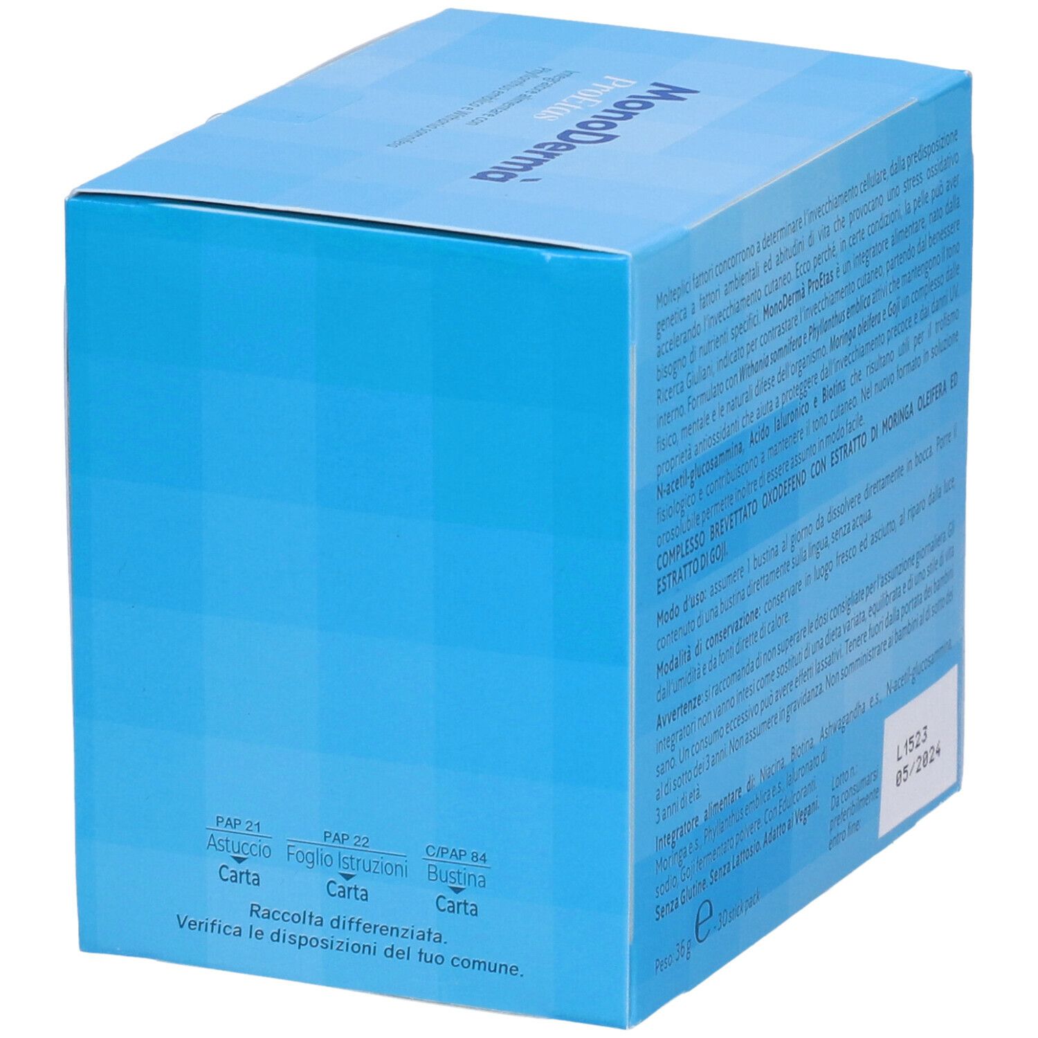 Boîte bleue avec texte. Marque MonoDermà. Informations sur l'élimination. Avec date 05/2024.