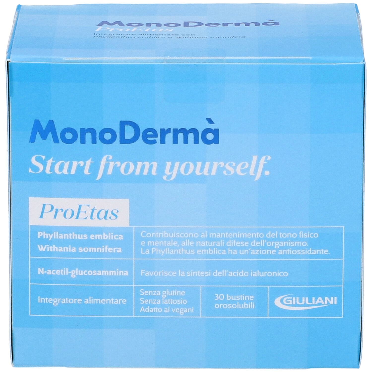Boîte bleue et blanche MonoDermà ProEtas. Contient 30 sachets. Marque Giuliani. Ingrédients et informations nutritionnelles.