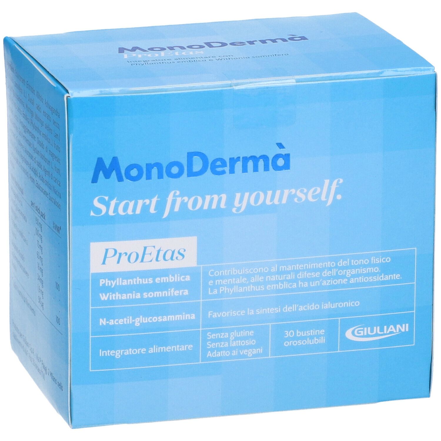 Boîte bleue et blanche MonoDermà ProEtas. Contient 30 sachets. Marque Giuliani. Ingrédients et informations nutritionnelles.