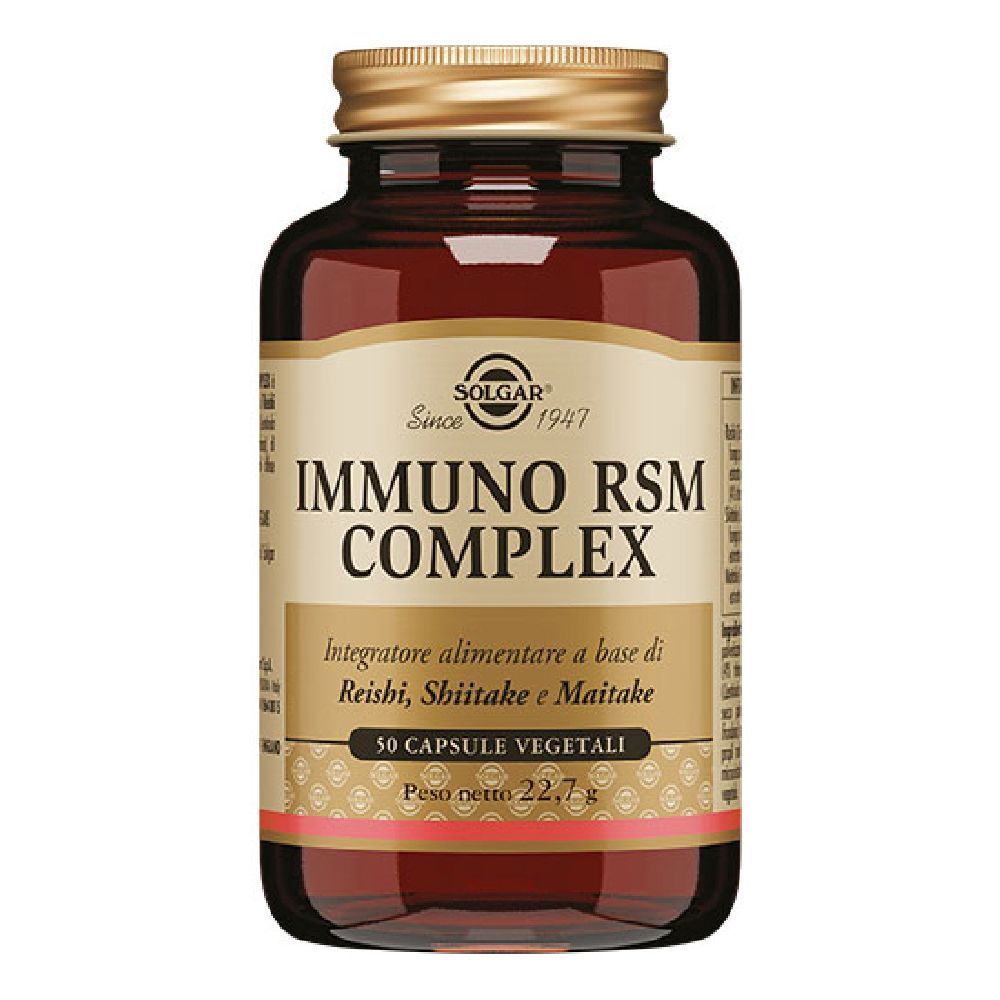 Flacone di vetro marrone con tappo dorato. L'etichetta riporta "IMMUNO RSM COMPLEX" e "50 CAPSULE VEGETALI".