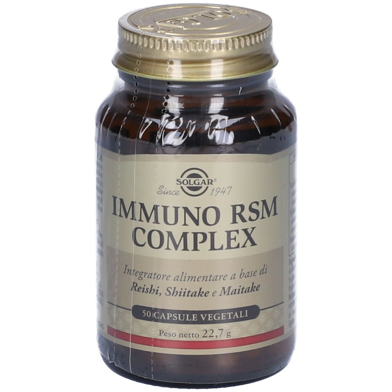 Flacone di vetro marrone con tappo dorato, avvolto in pellicola. L'etichetta riporta "IMMUNO RSM COMPLEX".