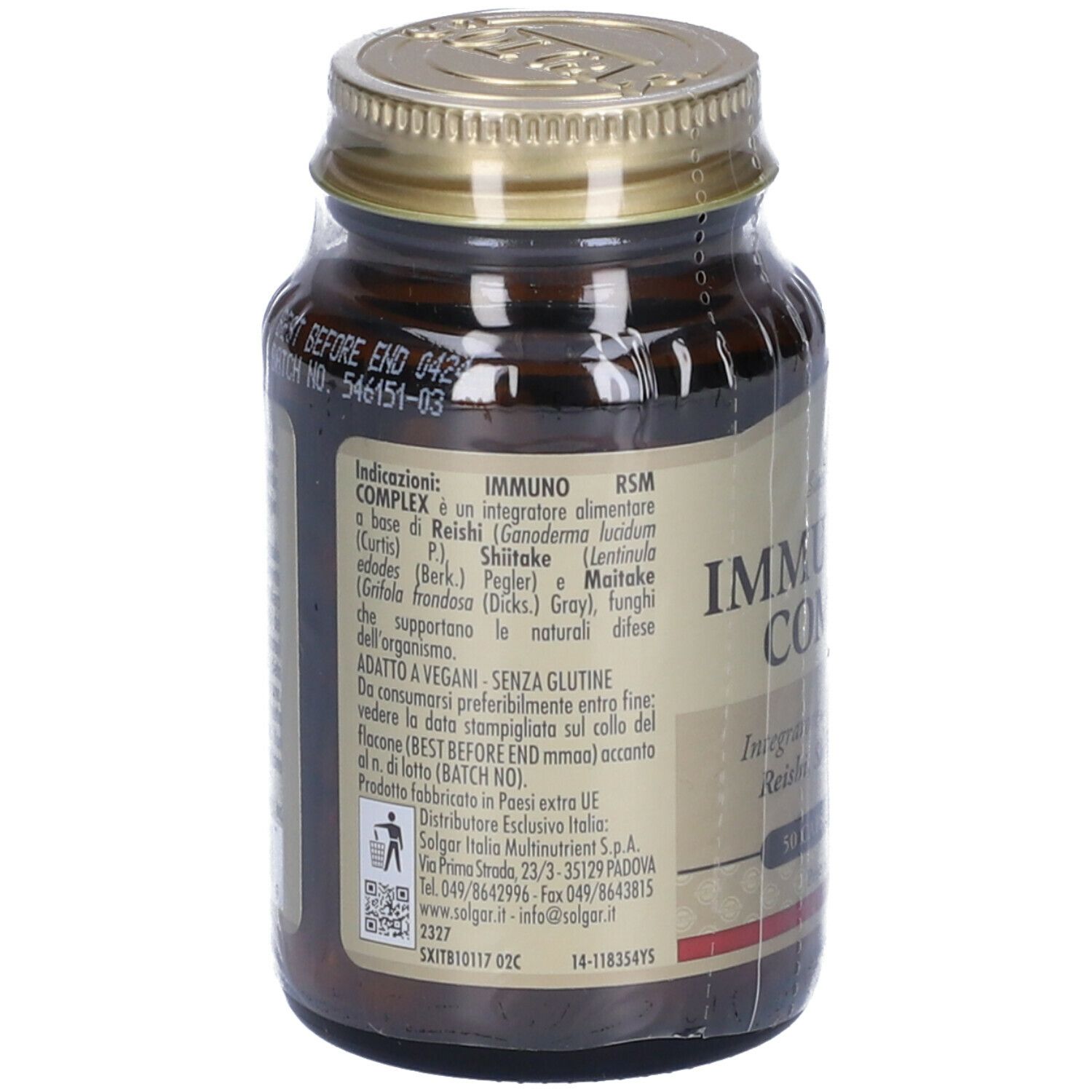 Retro di un flacone di vetro marrone. Etichetta con ingredienti e informazioni. Testo in italiano.