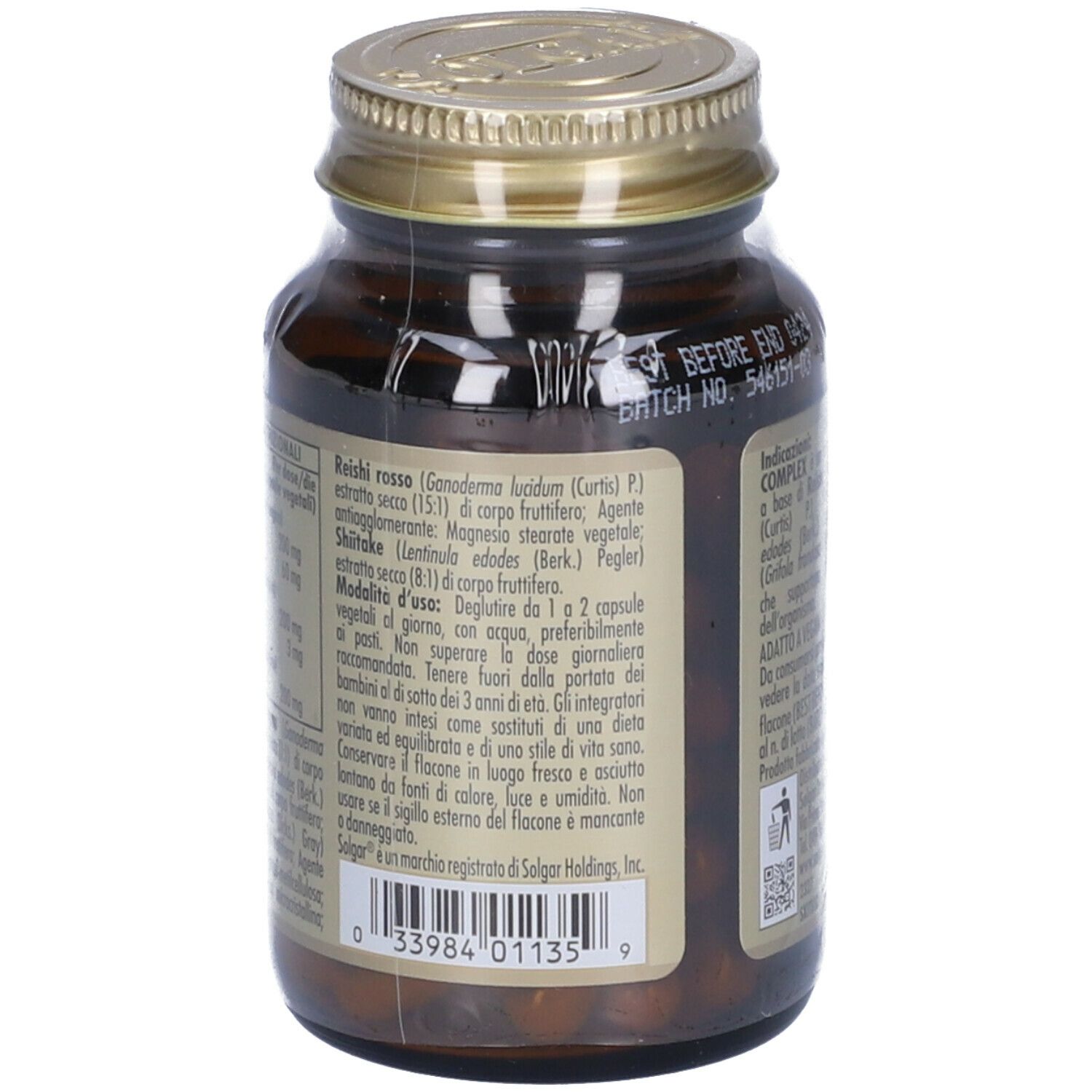 Retro di un flacone di vetro marrone. Etichetta con ingredienti e istruzioni per l'uso. Testo in italiano.