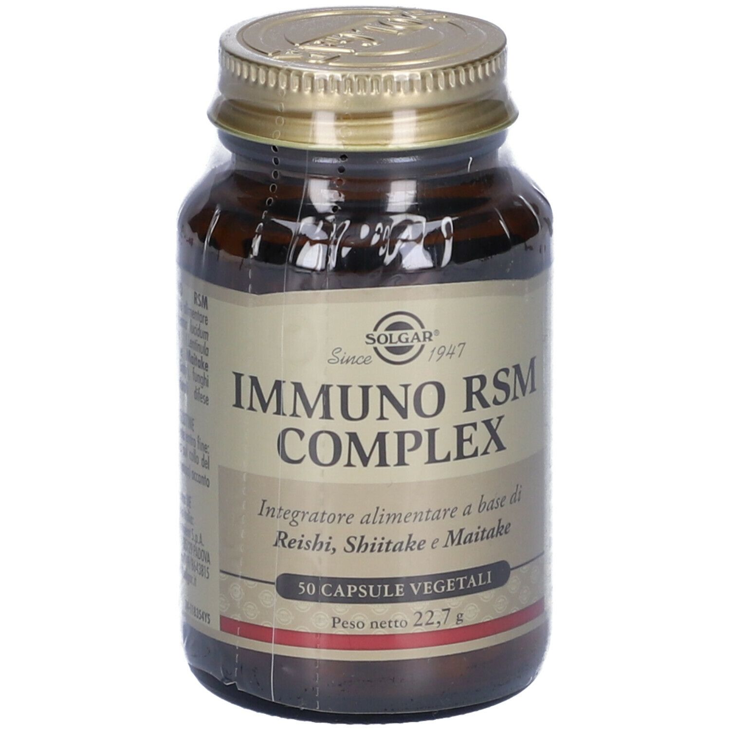 Flacone di vetro marrone con tappo dorato, avvolto in pellicola. L'etichetta riporta "IMMUNO RSM COMPLEX".