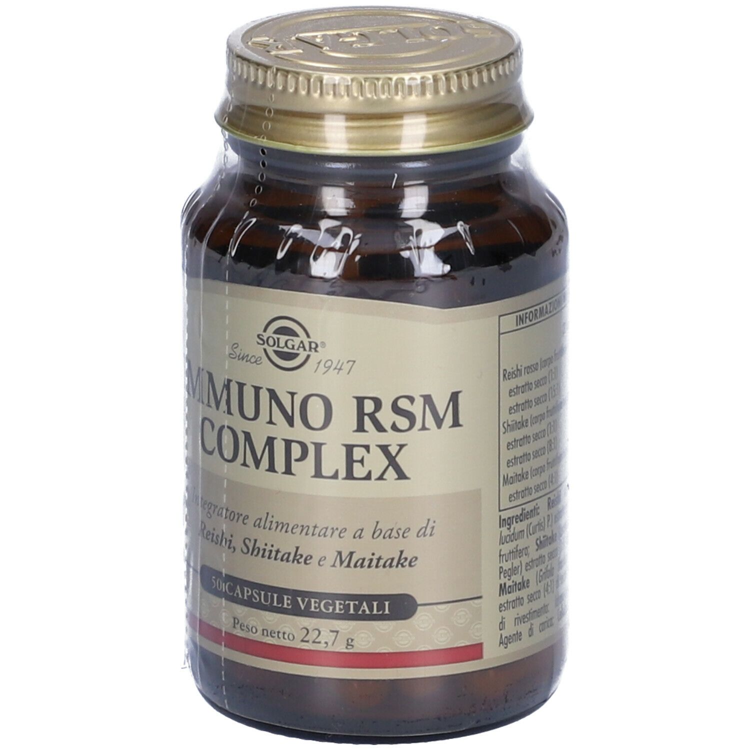 Flacone di vetro marrone con tappo dorato, avvolto in pellicola. L'etichetta riporta "IMMUNO RSM COMPLEX".