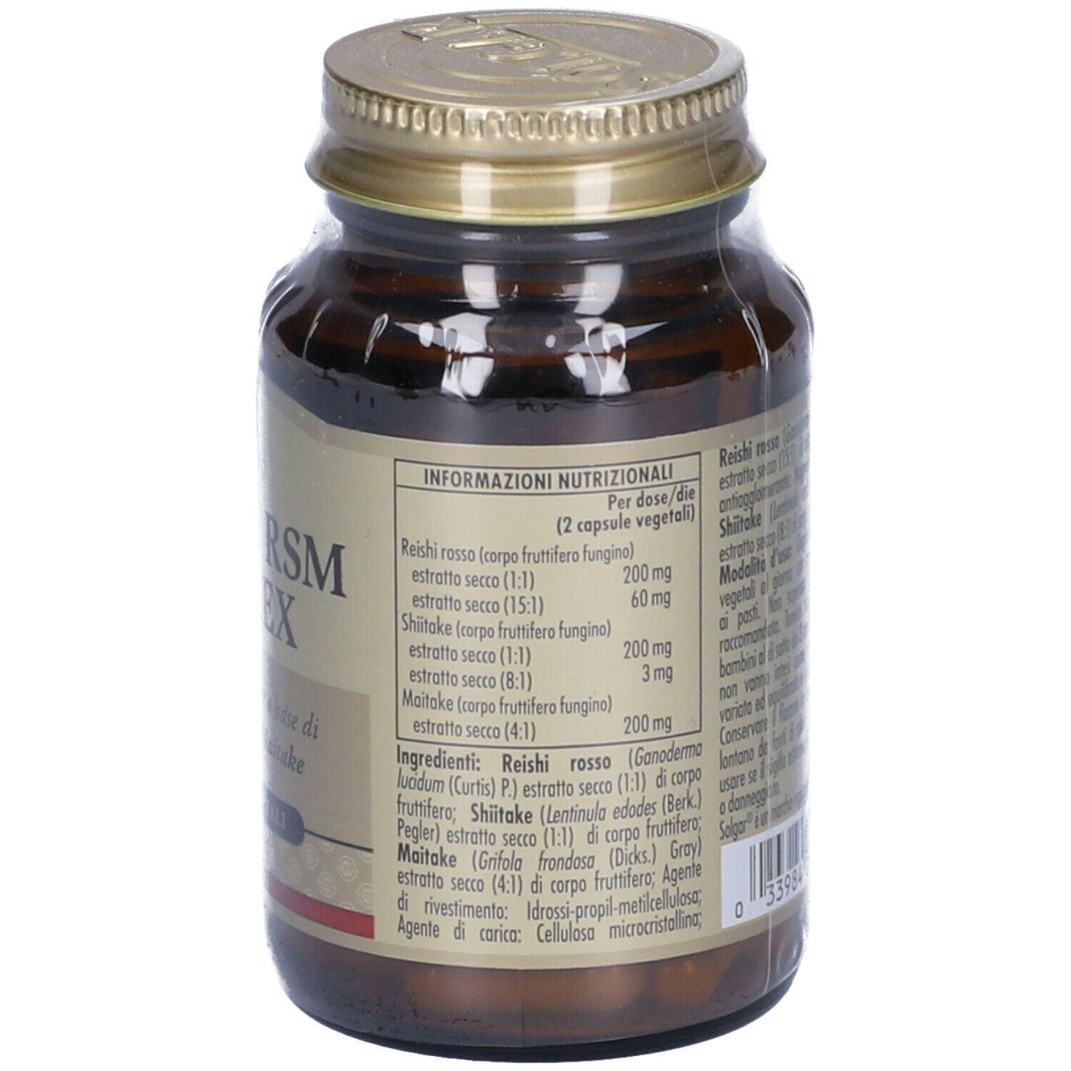 Retro di un flacone di vetro marrone. Etichetta con informazioni nutrizionali e ingredienti. Testo in italiano.