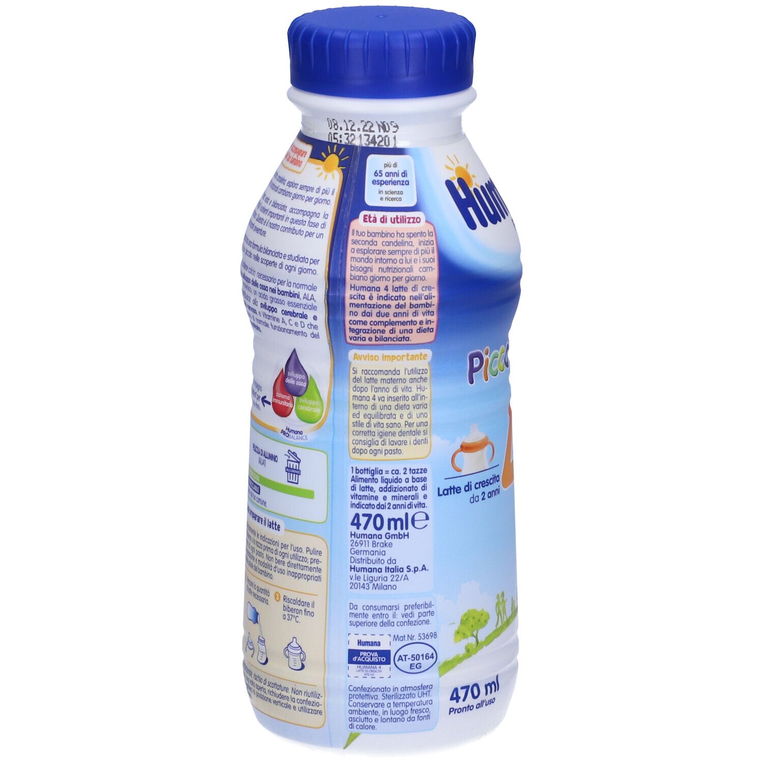 Retro della bottiglia Humana Probalance. Informazioni testuali, ingredienti, valori nutrizionali. Tappo blu, confezione bianca e blu.
