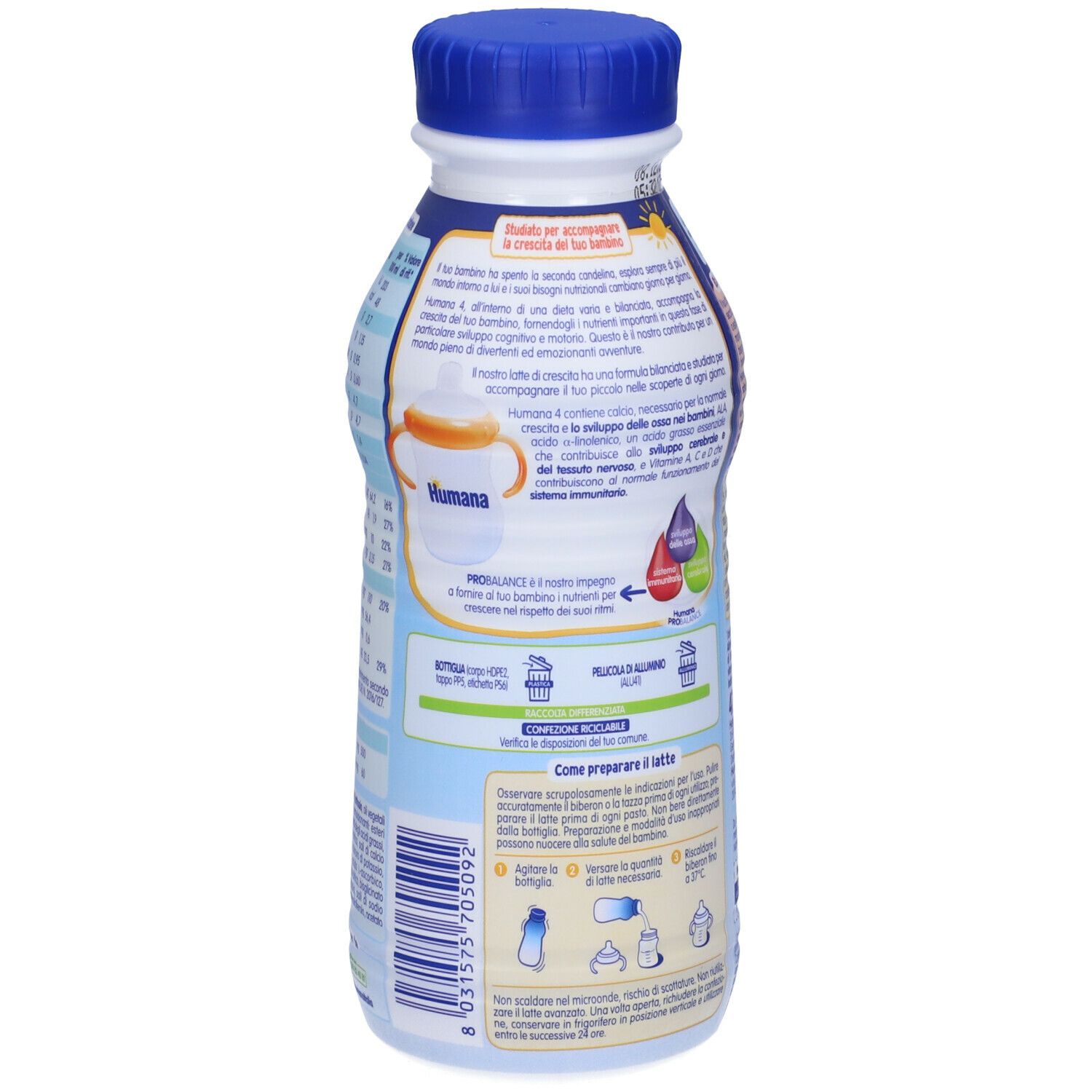 Retro della bottiglia Humana Probalance. Informazioni testuali, istruzioni per la preparazione. Tappo blu, confezione bianca e blu.