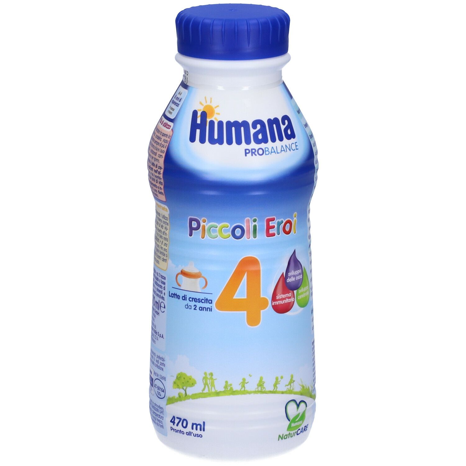 Bottiglia Humana Probalance, Piccoli Eroi 4, 470 ml. Tappo blu, confezione bianca e blu. Vista frontale con informazioni sul prodotto.