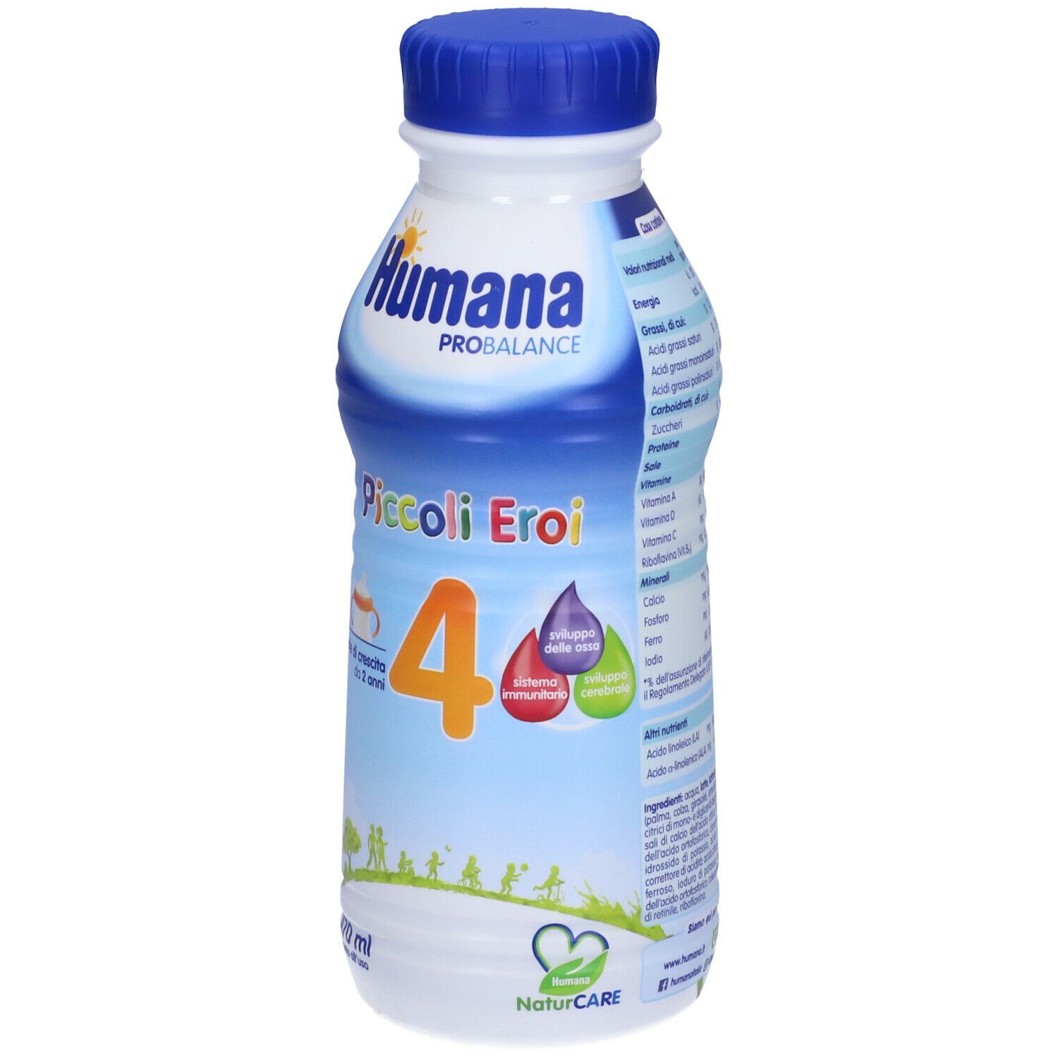 Bottiglia Humana Probalance, Piccoli Eroi 4, 470 ml. Tappo blu, confezione bianca e blu. Vista frontale con informazioni sul prodotto.