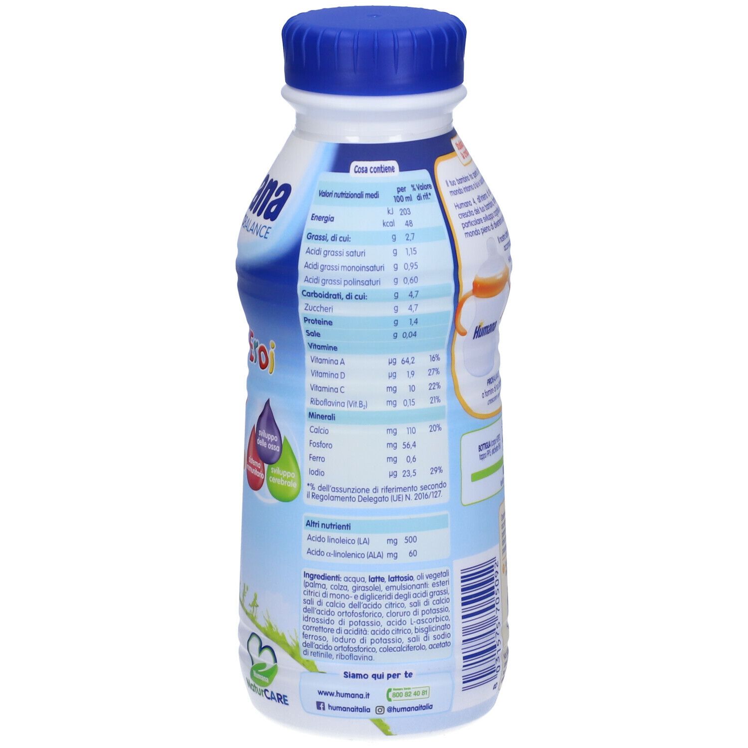 Retro della bottiglia Humana Probalance. Valori nutrizionali, elenco ingredienti. Tappo blu, confezione bianca e blu.