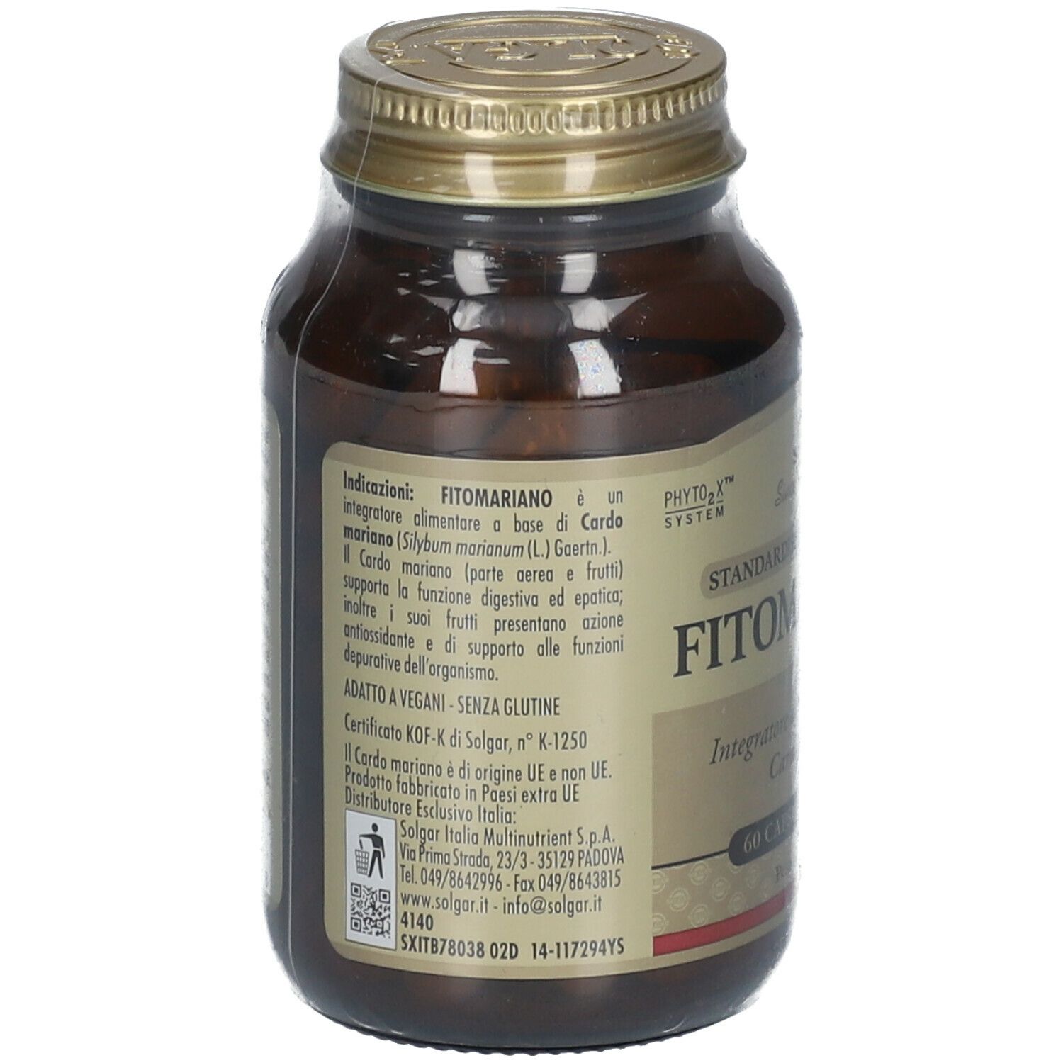 Flacone di vetro marrone con tappo dorato. Retro con informazioni sul prodotto e ingredienti.