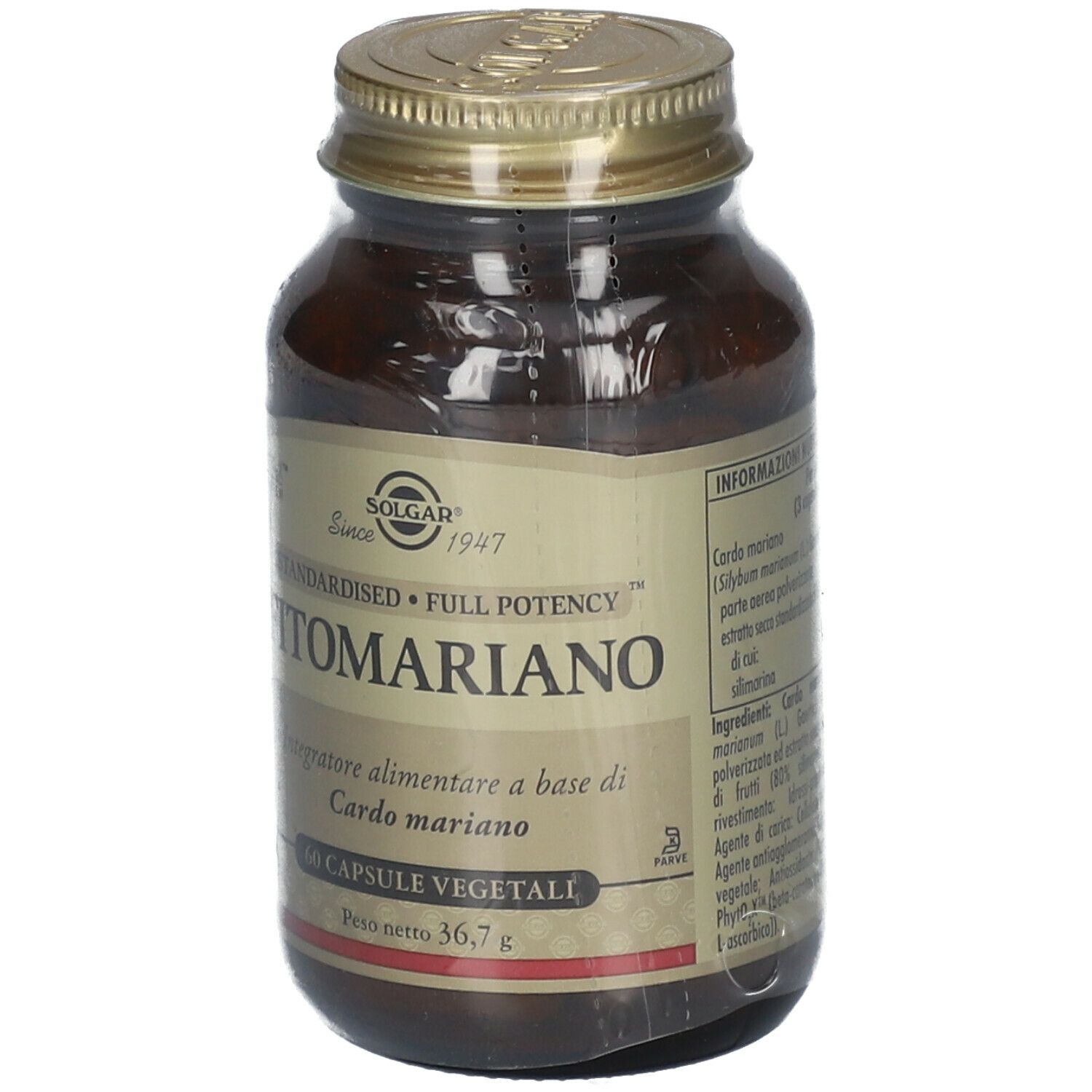 Flacone di vetro marrone con tappo dorato. Etichetta con nome prodotto FITOMARIANO e marchio SOLGAR.
