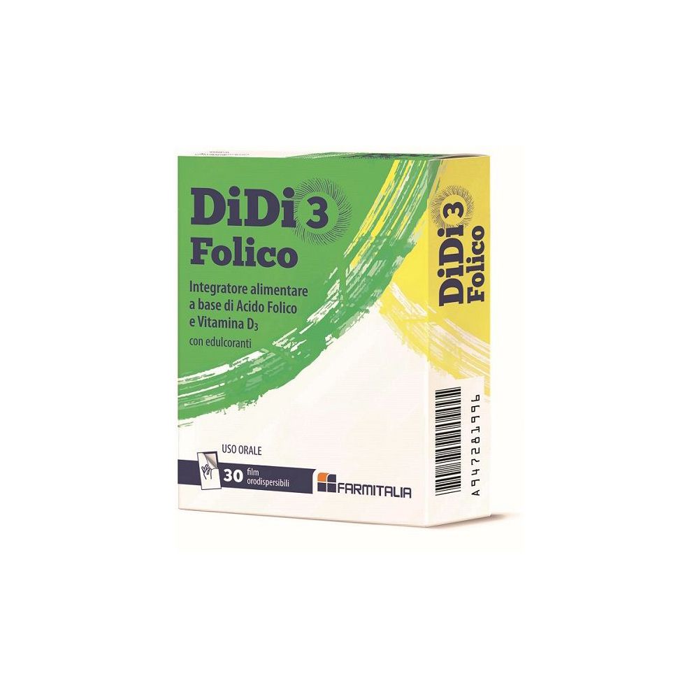 Scatola di DiDi 3 Folico. Confezione verde-gialla con nome e informazioni. 30 compresse filmate.