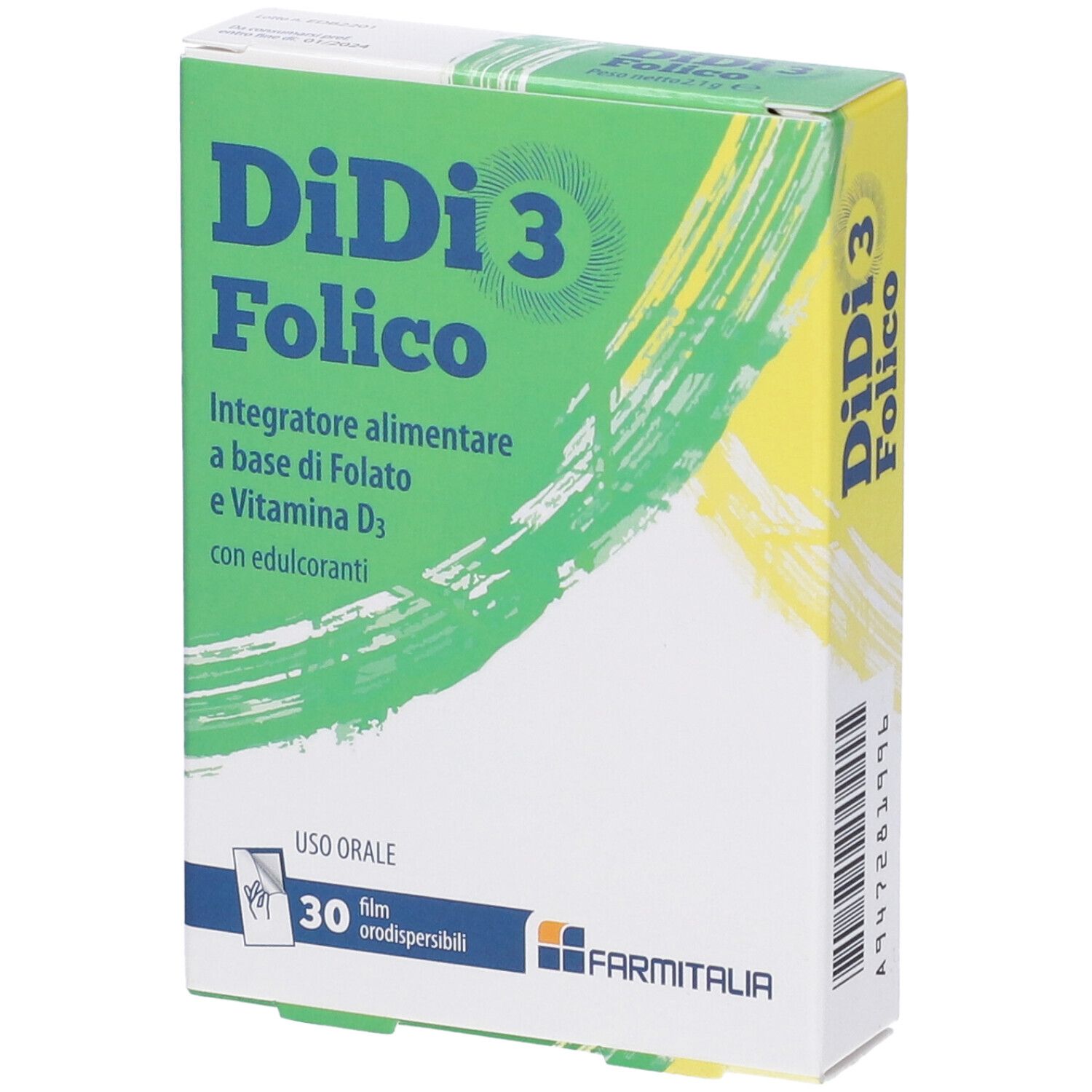 Scatola DiDi 3 Folico, verde-gialla. Nome e ingredienti. 30 compresse filmate. Marchio Farmitalia.