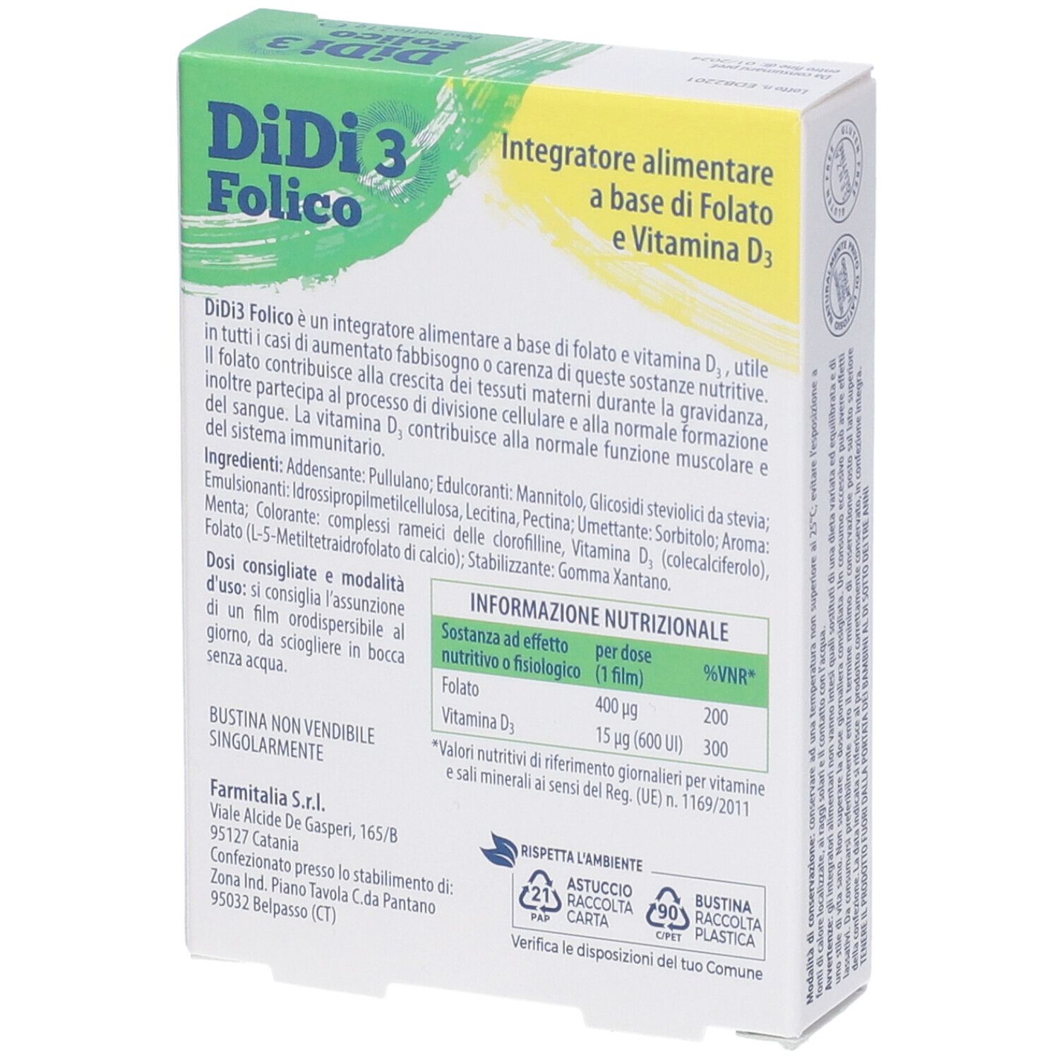 Retro della confezione DiDi 3 Folico. Testo con ingredienti e informazioni nutrizionali. Marchio Farmitalia.